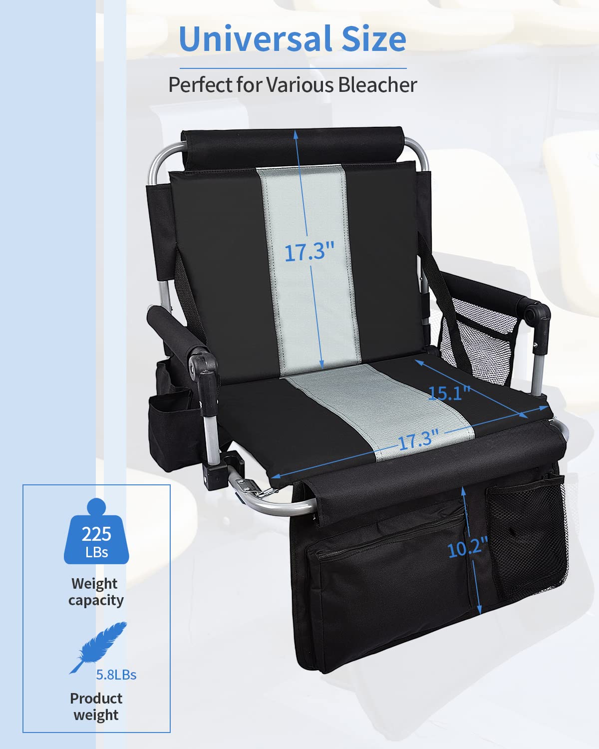 AOOXIMI Stadium Seats for Bleachers with Back Support, Bleacher Seats with Backs and Cushion Wide, Stadium Chairs with Cup Holders, Mesh Bags and Hide Hooks, for Basketball and Football Bench Seats