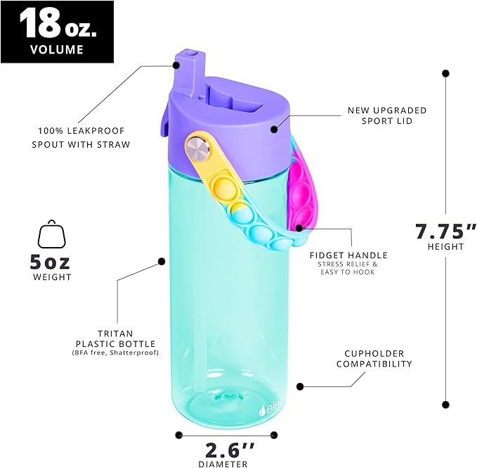 Elemental Leak Proof Water Bottles for Kids - Splash Kids Water Bottle for School with Fun Fidget Pop-it Handle - BPA Free Tritan Plastic Reusable Water Bottle with Straw - Blue Tie Dye - 18oz