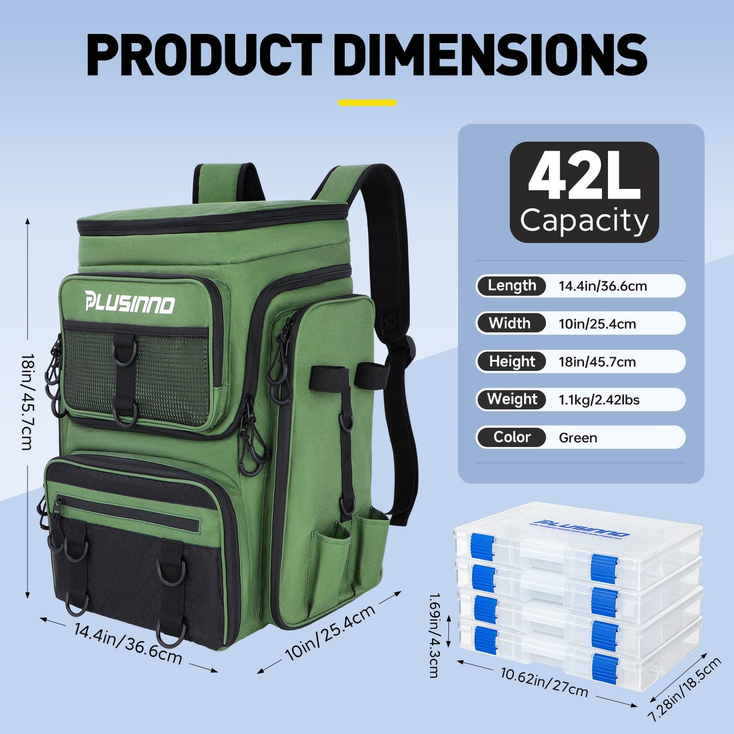 PLUSINNO Fishing Backpack with Rod Holders, 42L Water-resistant Fishing Tackle Bag With 4 Tackle Boxes,Fishing Gear For Camping, Hiking, Fishing Gifts for Men Green