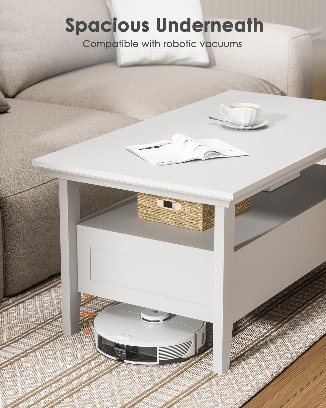 Amada White Coffee Table for Living Room, 39.4" Farmhouse Wood Coffee Table with Storage, Featuring Open Display Shelf, Hidden Drawers, Robotic Vacuum-Friendly, Ideal for Home Office, White