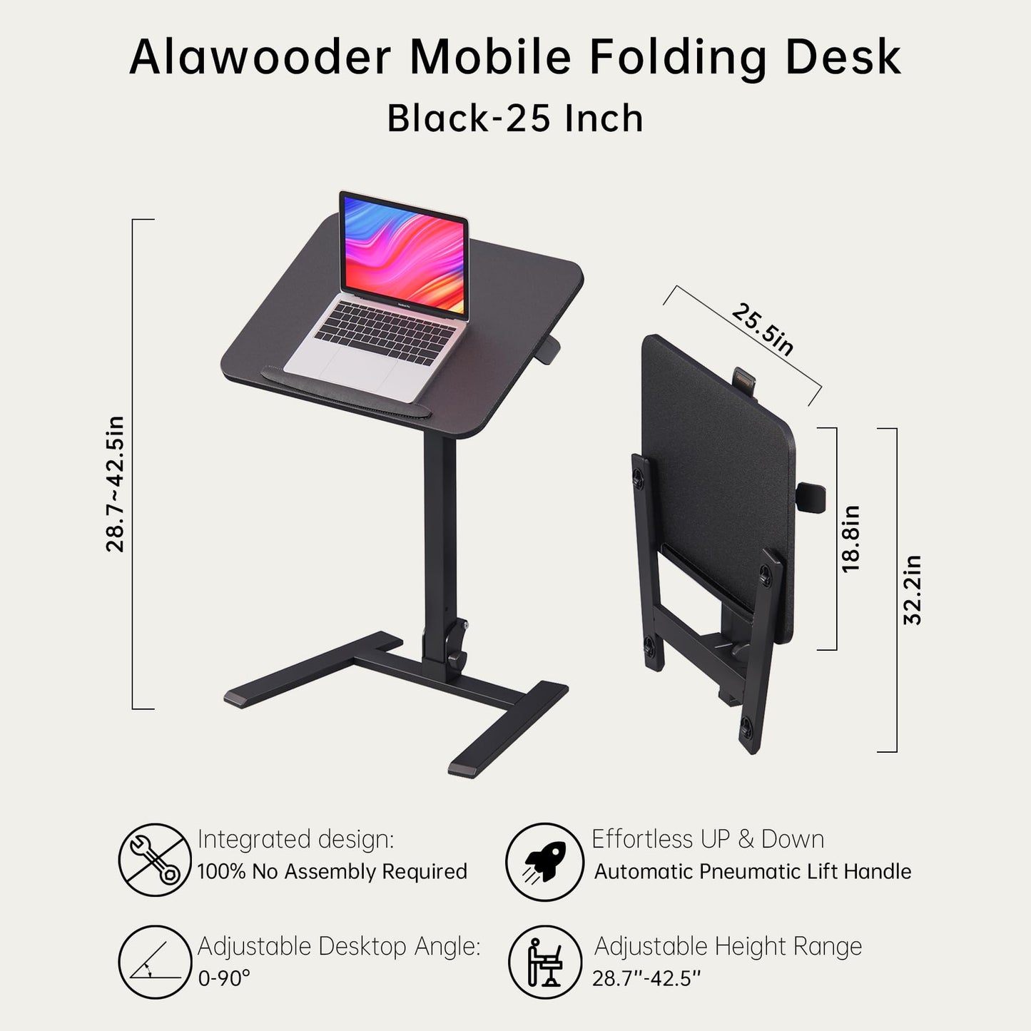 alawooder Mobile Folding Desk 25 Inch - No Assembly Sit-Stand Desk,Height Adjustable Rolling Laptop Desk, Space-Saving Portable Desk with Wheels for Home Office Craft & Study, Black