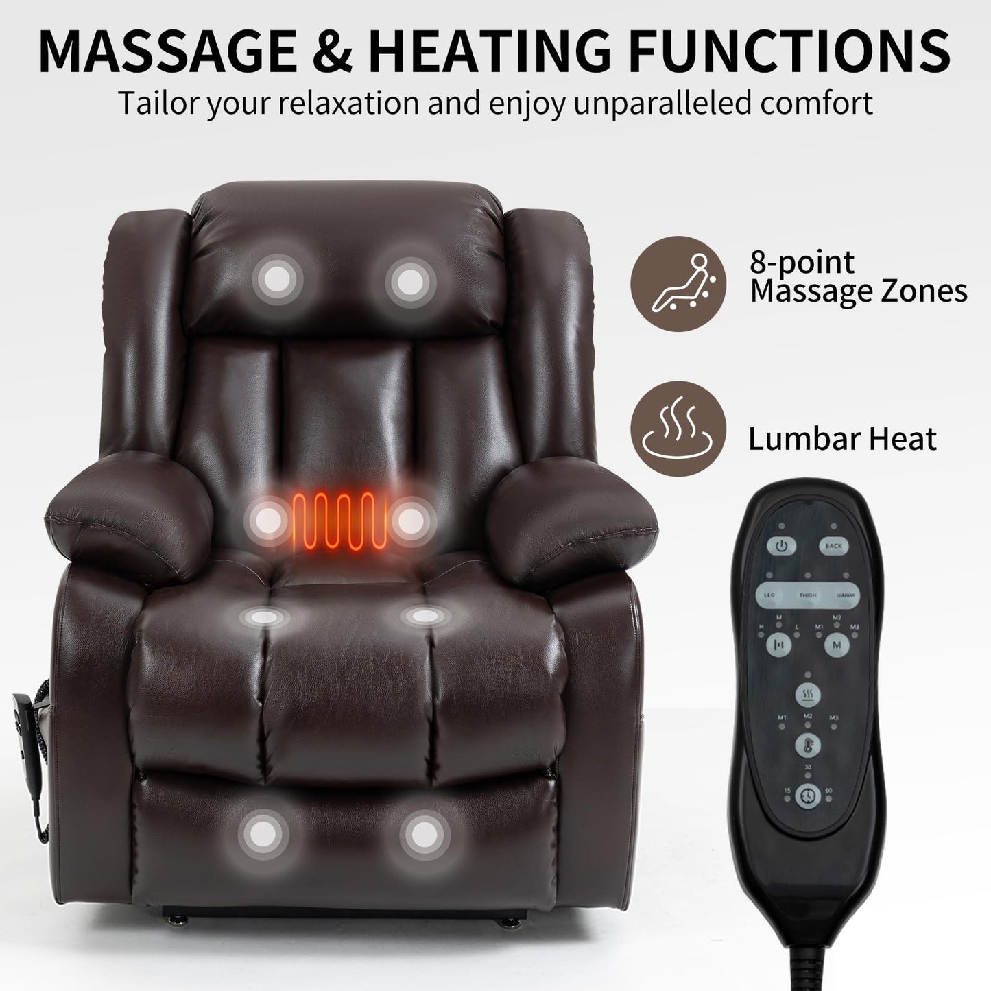 EZZUP Dual Motor Large Recliner with Massage and Heat, Power Lift Chairs for Elderly, Breathable Leather Recliner Chairs for Adults with 2 Remote Controls, Red Brown Big and Tall Recliner
