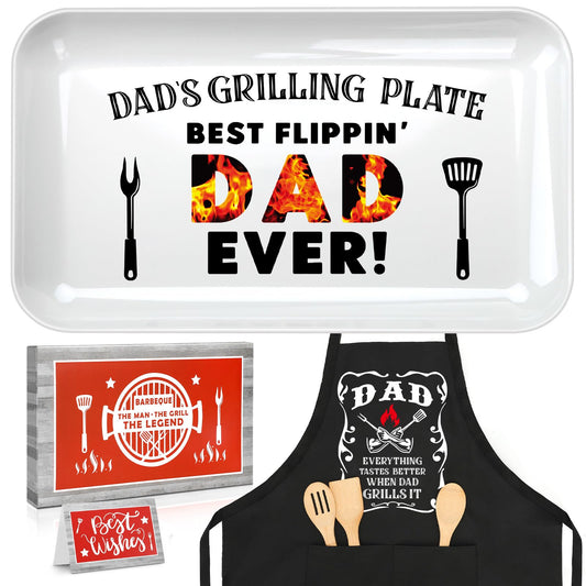 Fathers Day Dad Gifts from Daughter Son, Personalized Grilling Platter & Apron Set Birthday Gifts for Dad Papa Bonus Step Father in Law, Cool Grill BBQ Serving Tray Gift for Daddy Father's Day