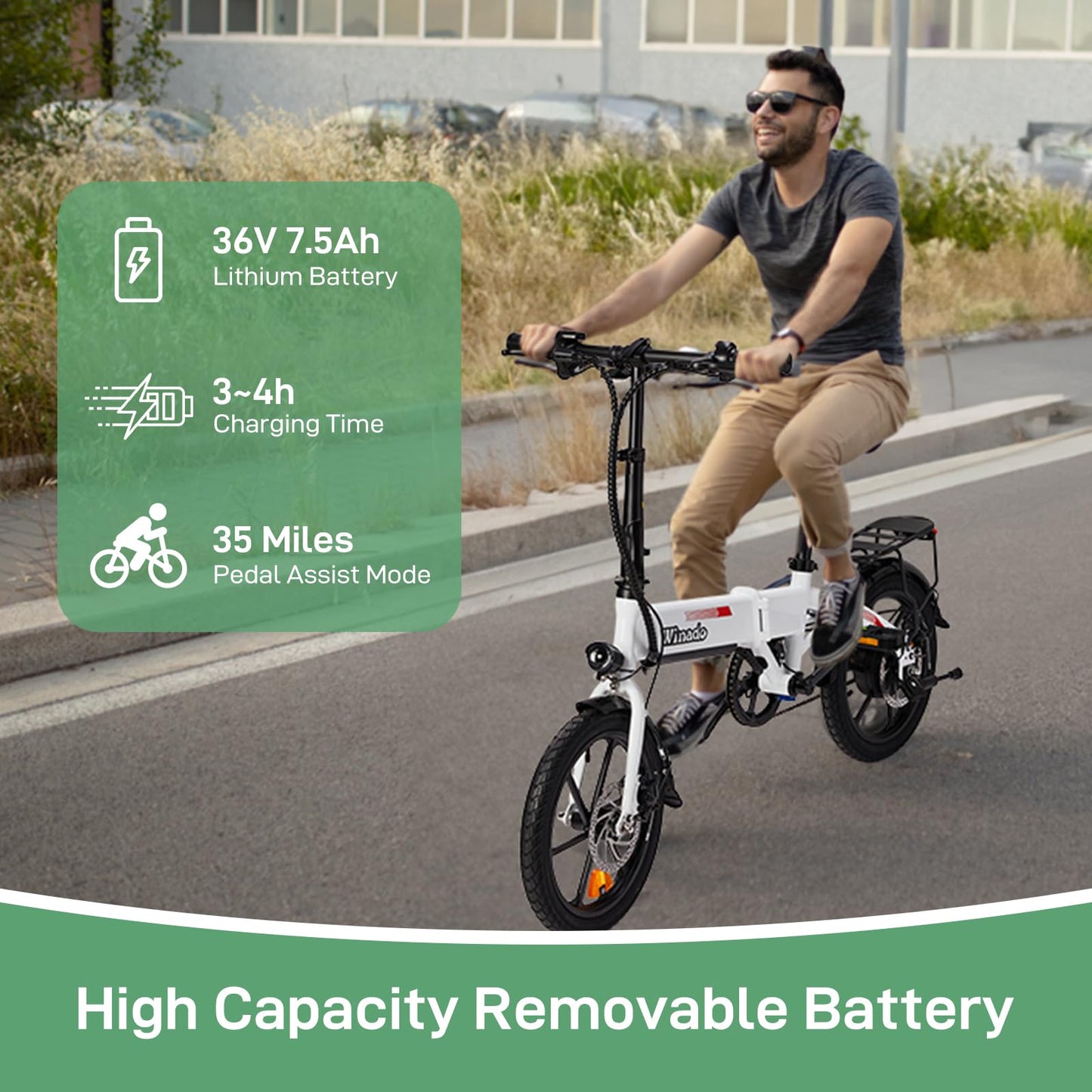 Winado 16" Electric Bike for Adults, Folding E-Bike 350W Motor with Dual Disc Brakes, Max Range 35Miles(Pedal-Assist) & Speed 15.5Mph, Foldable Commuter City Bicycle for Adults/Teens, White