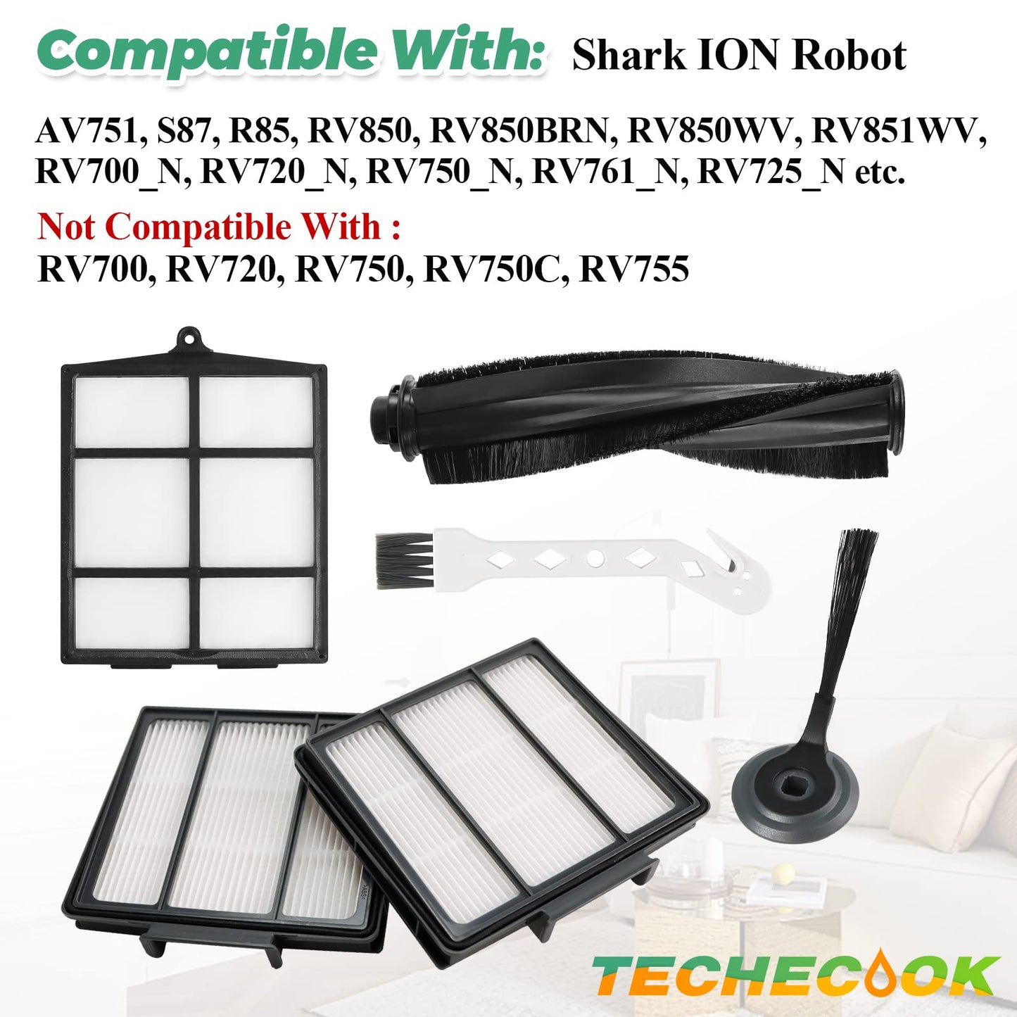Replacement Parts for Shark ION Robot AV751 AV752 AV753 RV700_N RV720_N RV850 RV851WV Vacuum Cleaner Accessories by Techecook - 6 Side Brushes,3 Hepa Filter,1Main Brush,1 Filter Guard,1 Cleaning Brush