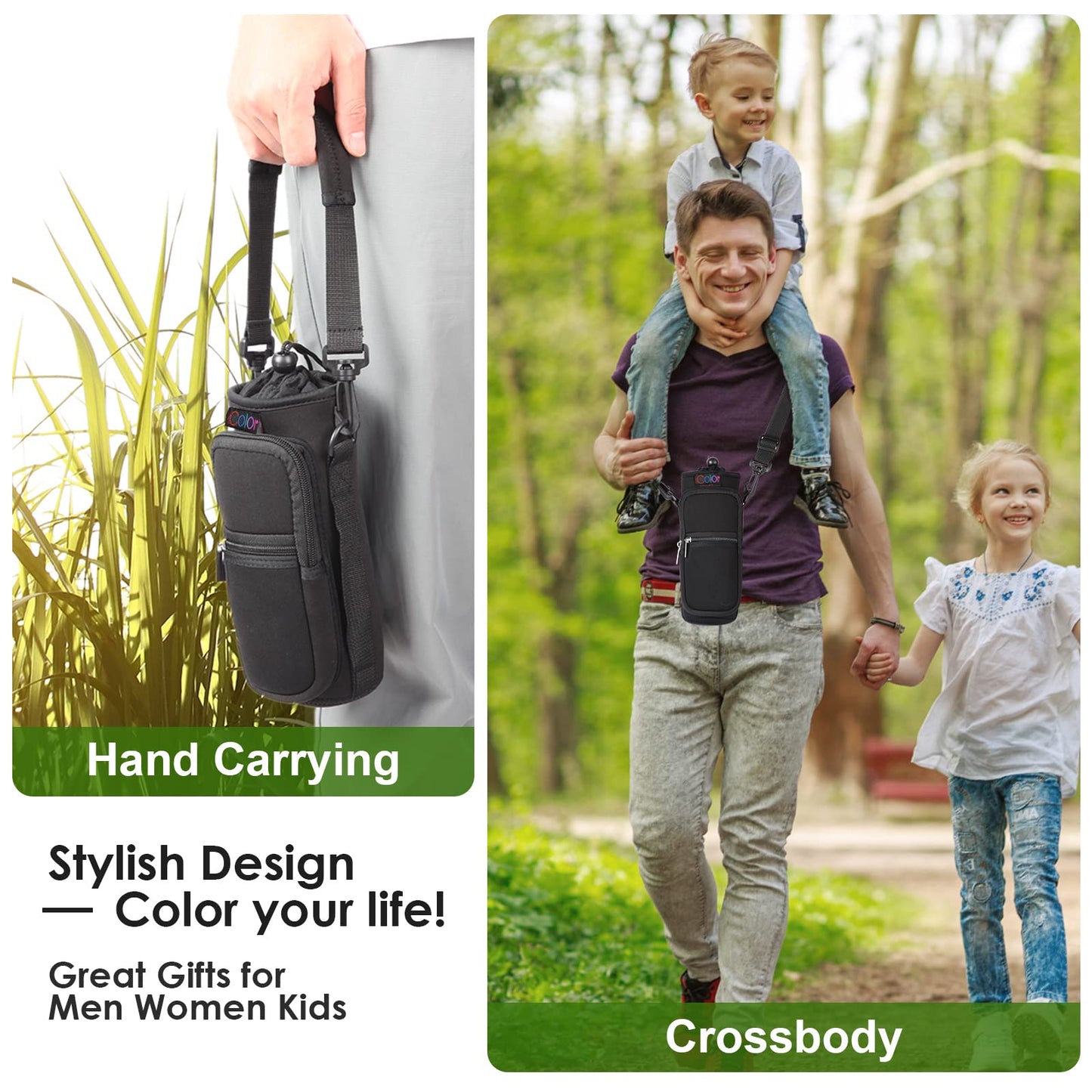 icolor Water Bottle Carrier Bag Holder 25/32/40/64oz,Adjustable Padded Shoulder & Handle Strap Sports Sling Hiking Pack,Insulated Neoprene Wide Mouth Bottle Sleeve
