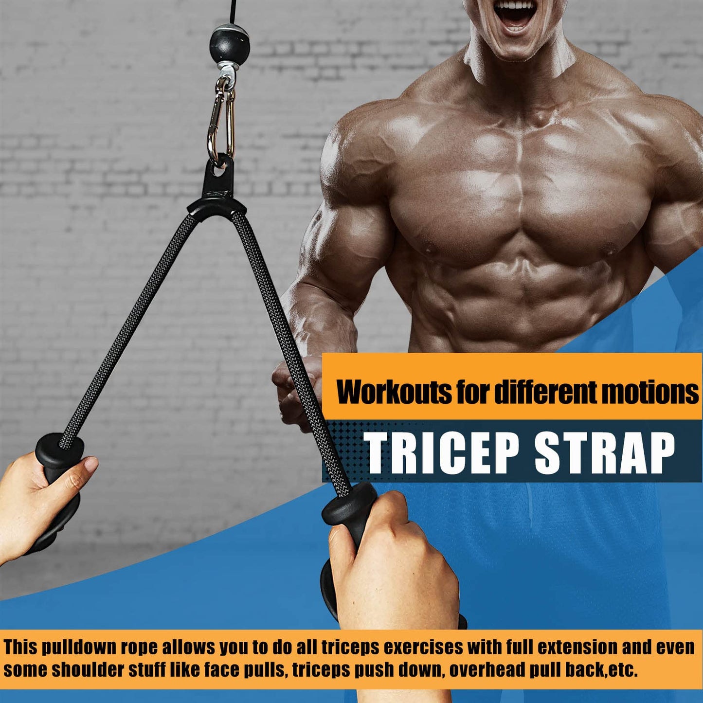 Ergonomic Tricep Rope Pull Down Attachment, Upgraded Long Triceps Rope Cable Attachments for Gym, LAT Pull Down Bar for Cable Machine, Tricep LAT Pulldown Workout Cable Attachments (Hand ROPE-02)