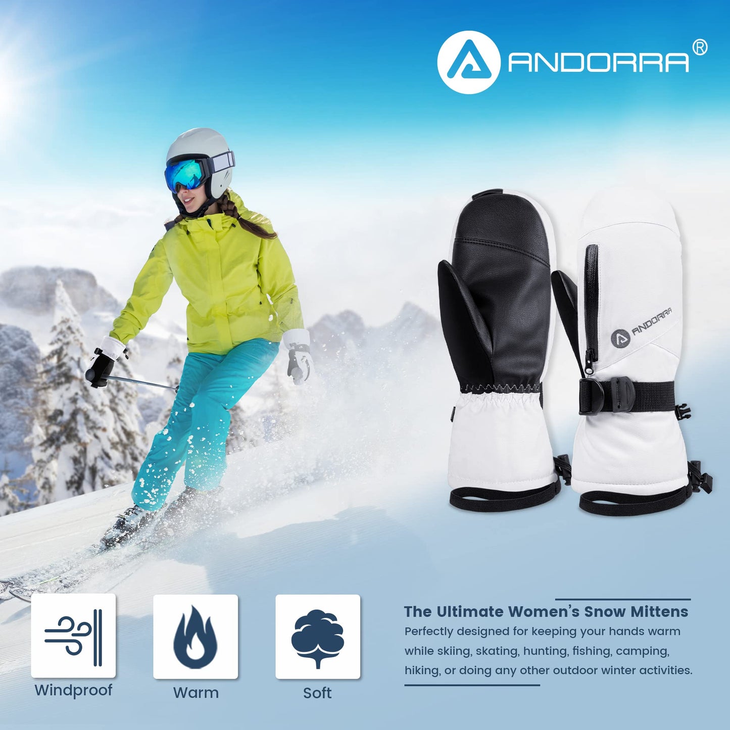 ANDORRA Ski Gloves Women Winter White Ski Mittens Women Waterproof Skiing Mittens for Women Touchscreen Zipper Pocket Womens Snow Gloves, White,M
