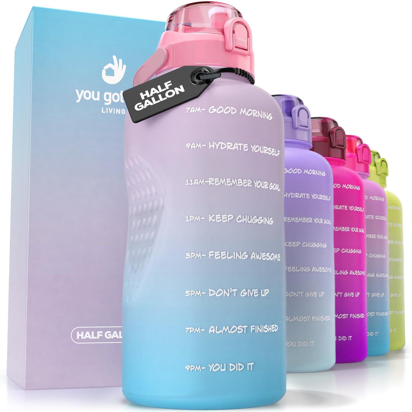 YOU GOT THIS LIVING Motivational Water Bottle with Time Marker,Half Gallon Water bottle with Straw 64 oz/2.2L Gym Water Bottle, Achieve All-Day Hydration SpillProof, BPA FREE