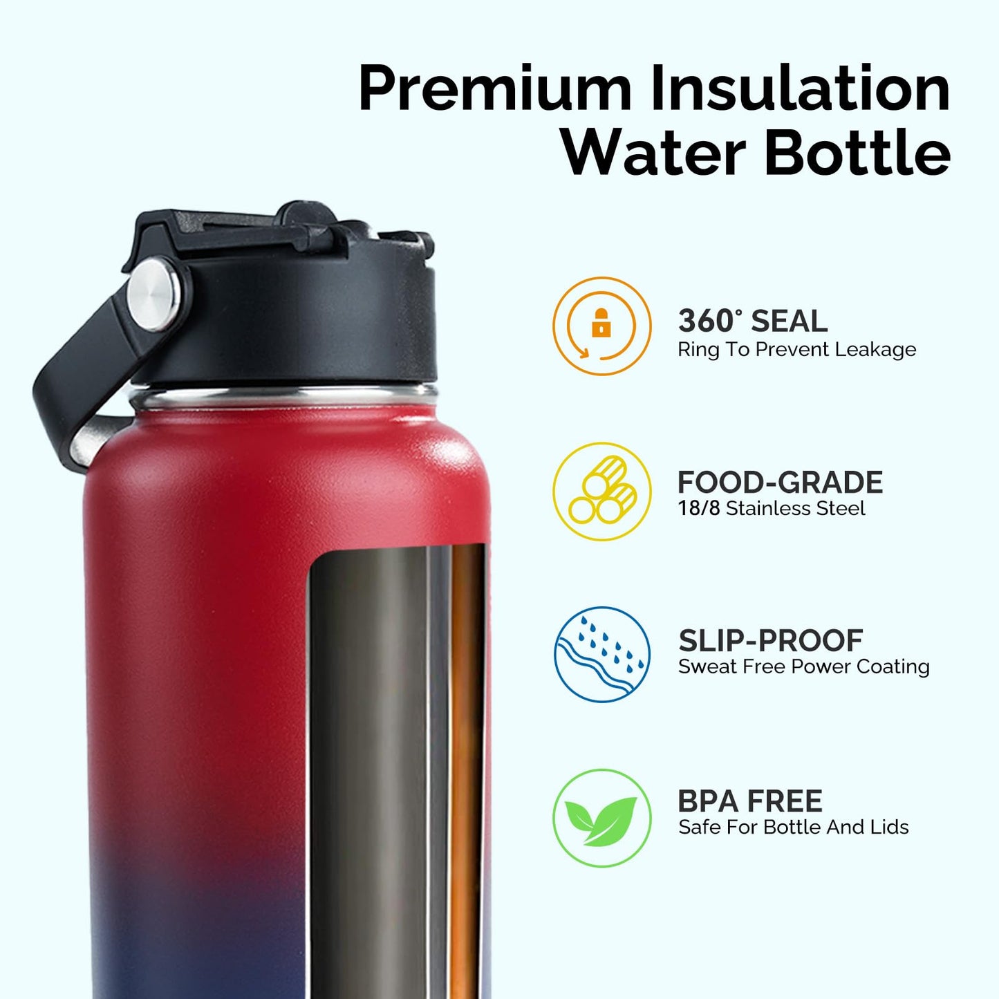 Kerilyn Stainless Steel Insulated Water Bottle, 32oz Double Wall Vacuum Insulated Water Bottle Leak Proof with Silicone Straw, Wide Mouth Lid, BPA Free, Keep Cold and Hot, 32oz, Red Gradient