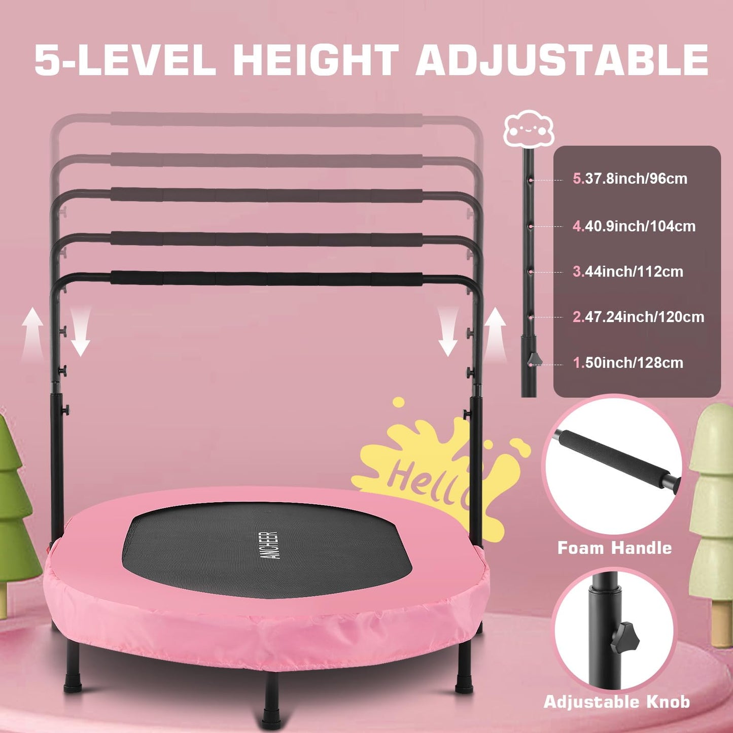ANCHEER Foldable Trampoline, Mini Rebounder Trampoline with Adjustable Handle, Exercise Trampoline for Indoor/Garden/Workout Cardio, Parent-Child Twins Trampoline Max Load 220lbs (Training Pink)