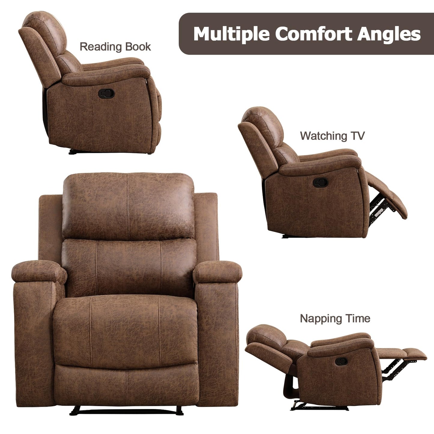 CANMOV Leather Recliner Chair, Classic and Traditional Manual Recliner Chair with Overstuffed Arms and Back, Manual Single Sofa with Concealed Cup Holders,Nut Brown