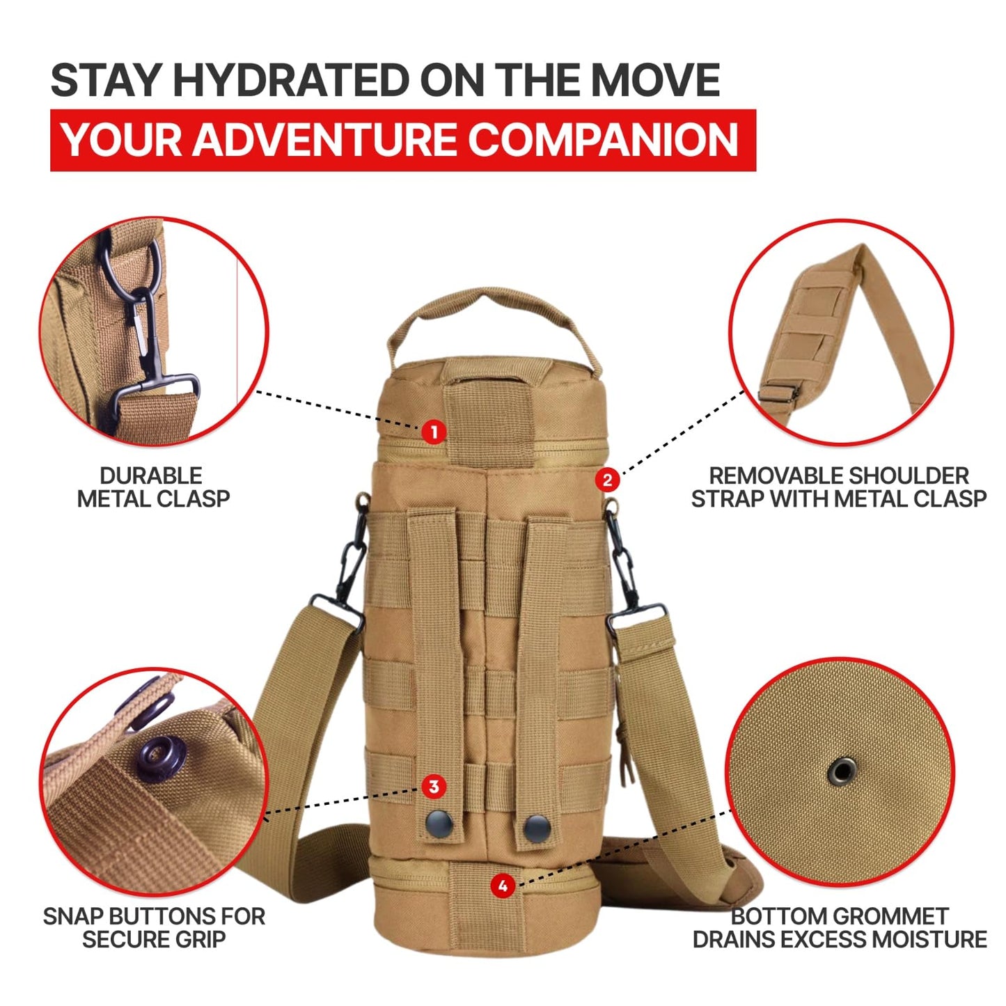 Orca Tactical Molle Water Bottle Pouch - Molle Water Bottle Holder with Strap - Water Bottle Carrier with Multiple Storage Options (Coyote Brown)