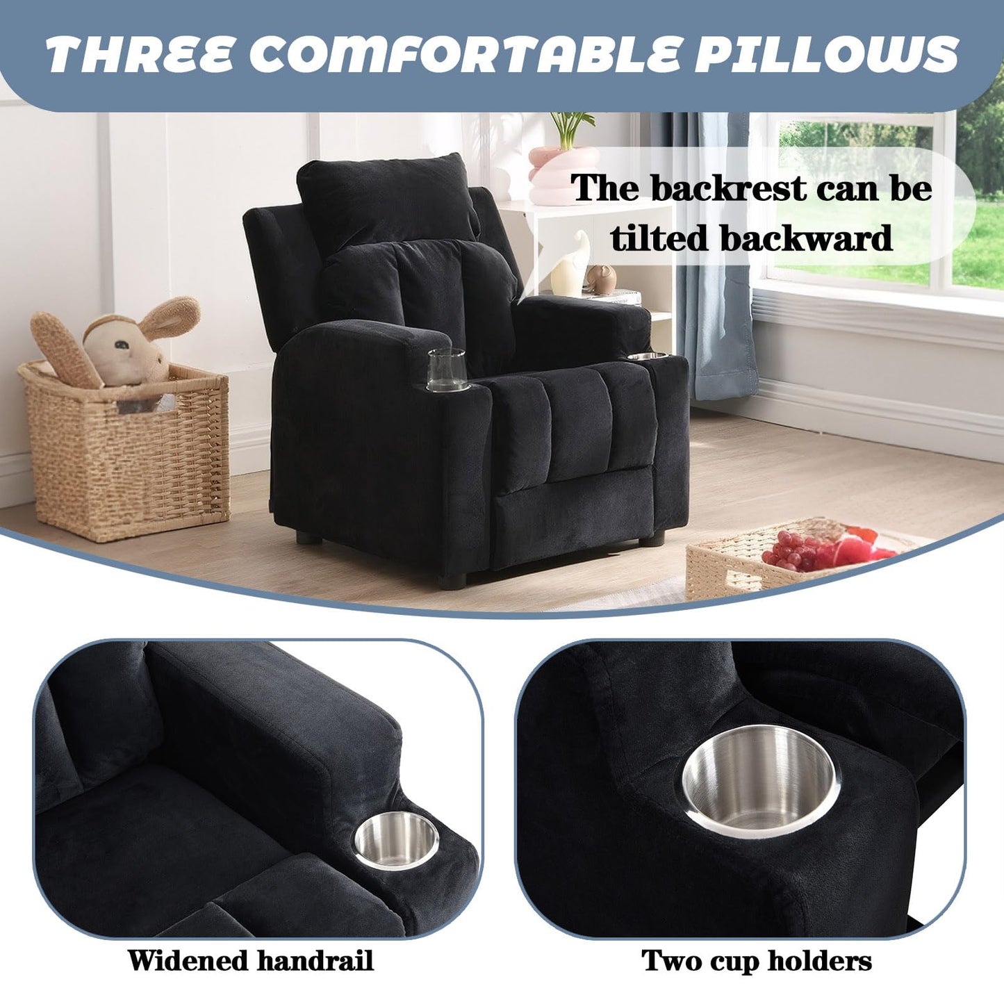 Anwick 2-in-1 Kids Recliner Chair with Cup Holder, Velvet Upholstered Single Sofa with Adjustable Footrest & Backrest, Toddler Recliners for Boys and Girls (Black)