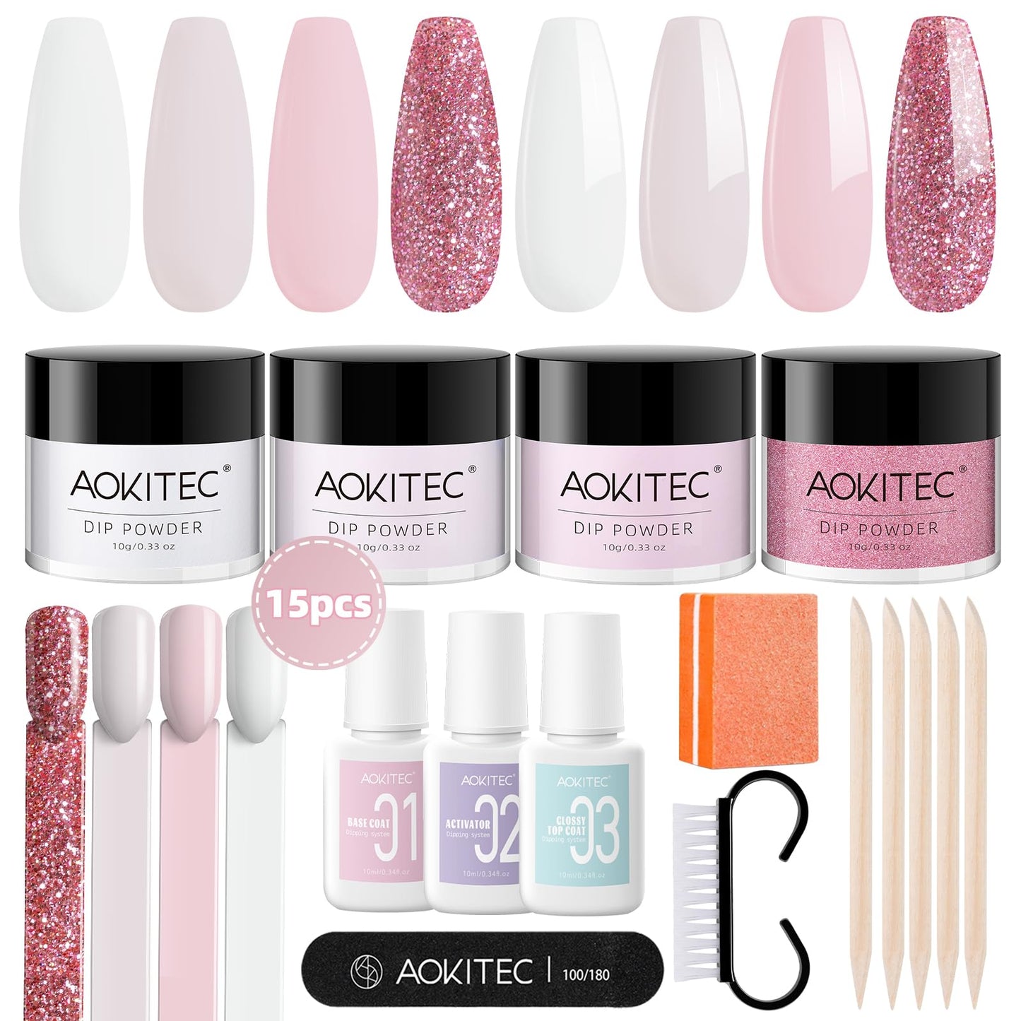 Aokitec Dip Powder Nail Kit Starter - 4 Colors White Nude Pink Glitter Nail Dip Powder with Dip Base Activator Top Coat Dipping Powder Liquid Set for Nail Art Manicure DIY Salon