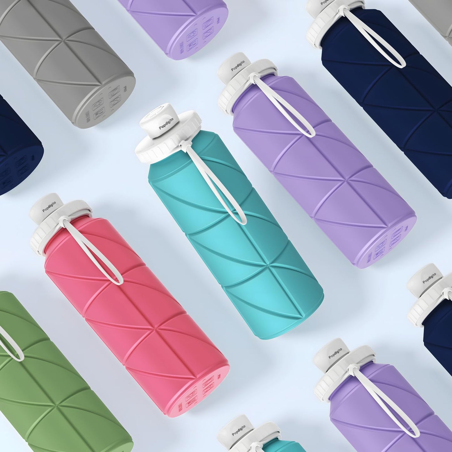 Popdigito Collapsible Water Bottle 2pcs Foldable Silicone Travel Water Bottle Leakproof Flexible BPA Free Portable,Folding Water Bottle Lightweight for Camping, Hiking,Sports 23oz (Pink)