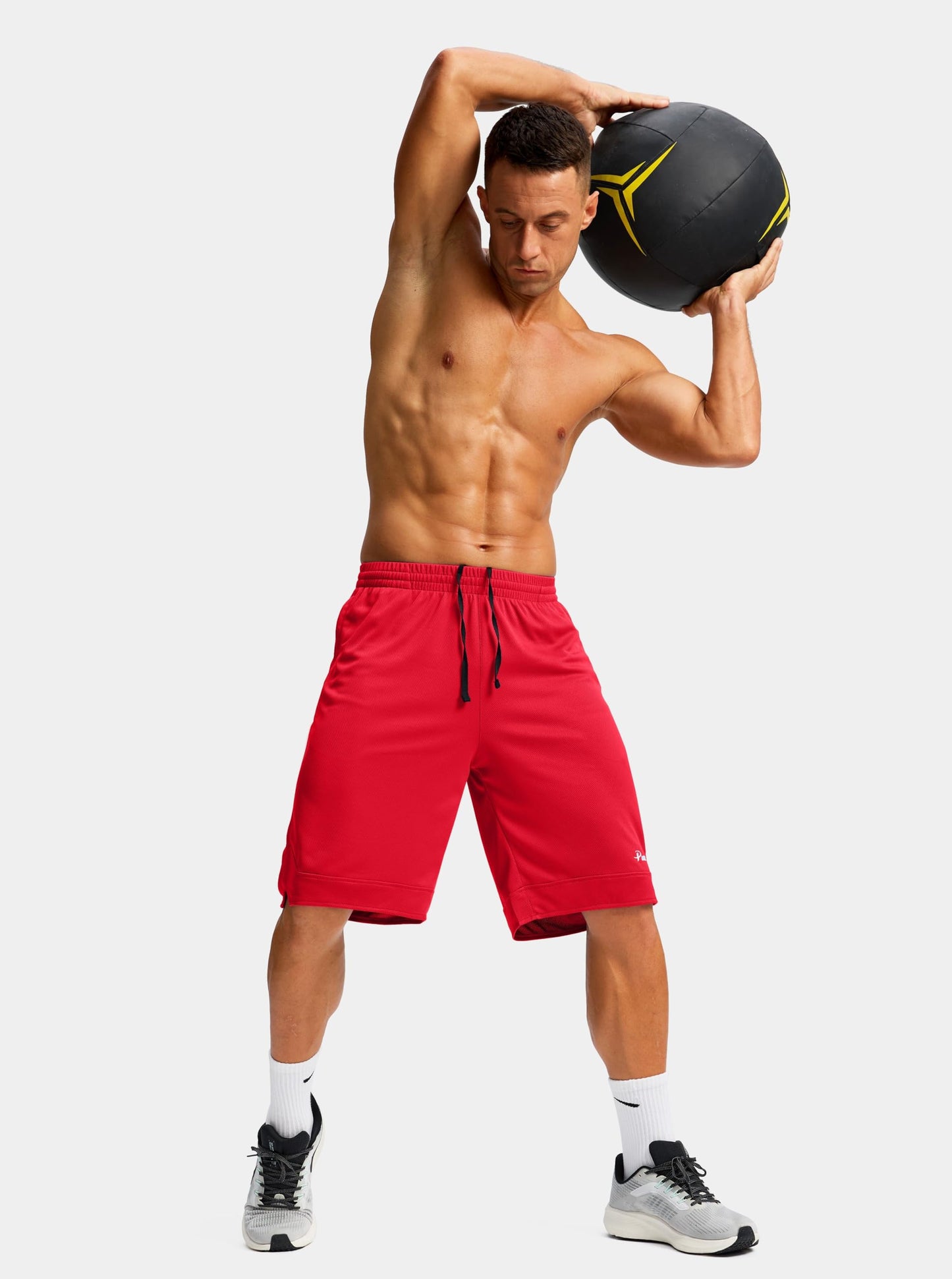 Pudolla Men's Basketball Shorts with Zipper Pockets 11" Long Gym Athletic Shorts for Men Lightweight Quick Dry(red large)