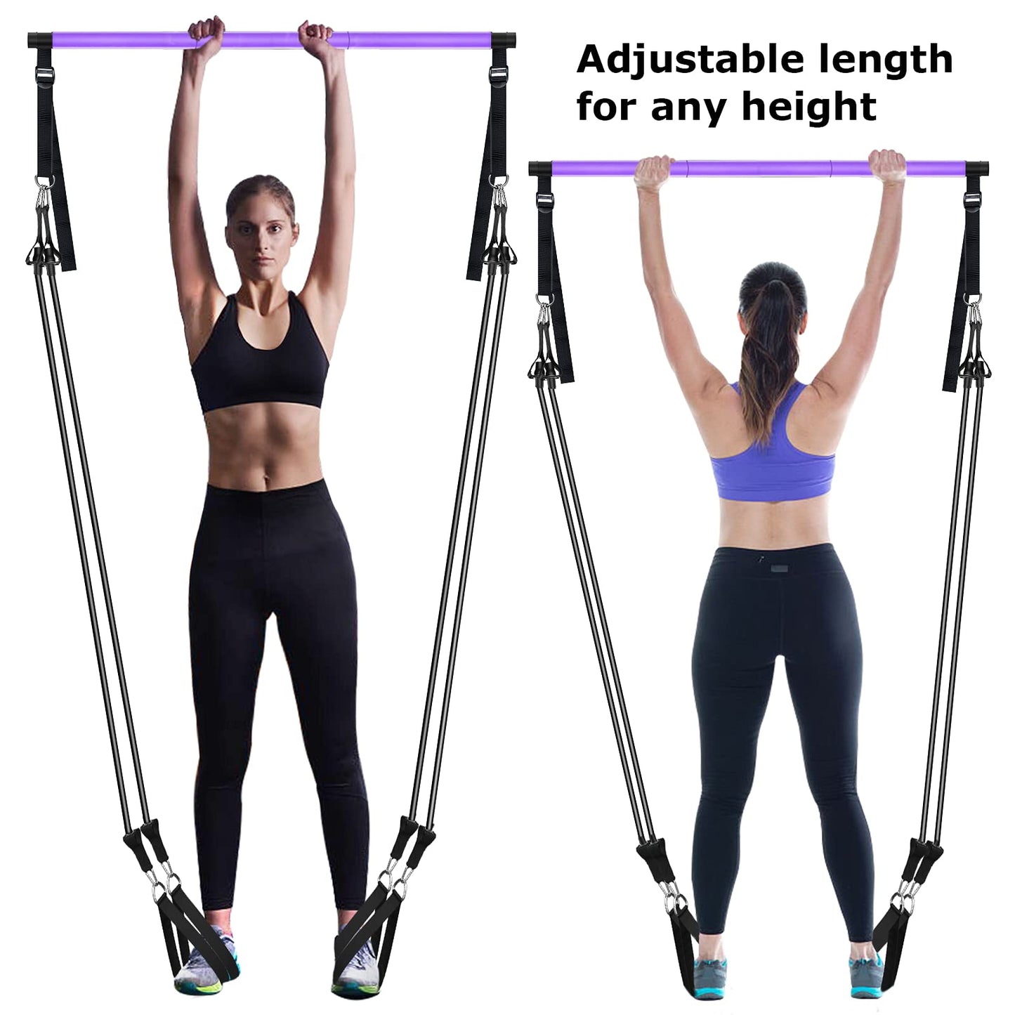 Pilates Bar Kit with Resistance Bands, Adjustable 3-Section Pilates Bar with Stackable Bands Workout Equipment for Legs,Hip,Waist and Arm Full Body Workouts Pilates (Purple(Adjustable,40/50lbs)