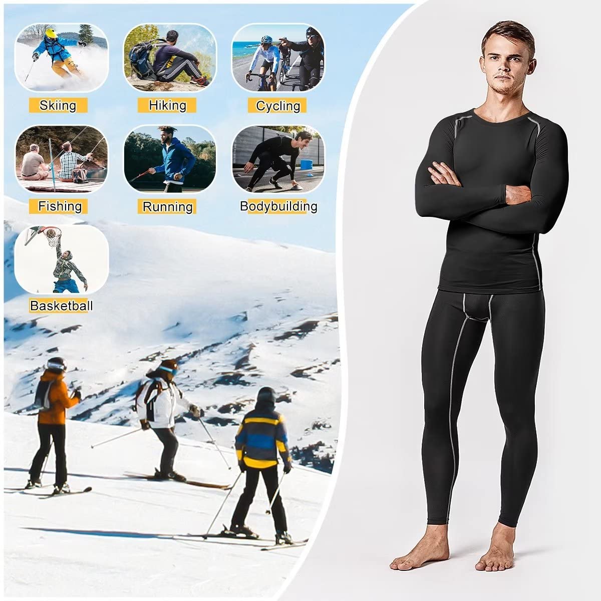 Thermal Shirts for Men Long Sleeve Fleece Cycling Ski Base Layer Men Cold Weather Compression Shirts for Men Running Hiking Hunting Thermals Underwear Tops,Quick Dry Moisture Wicking 3235 Black S