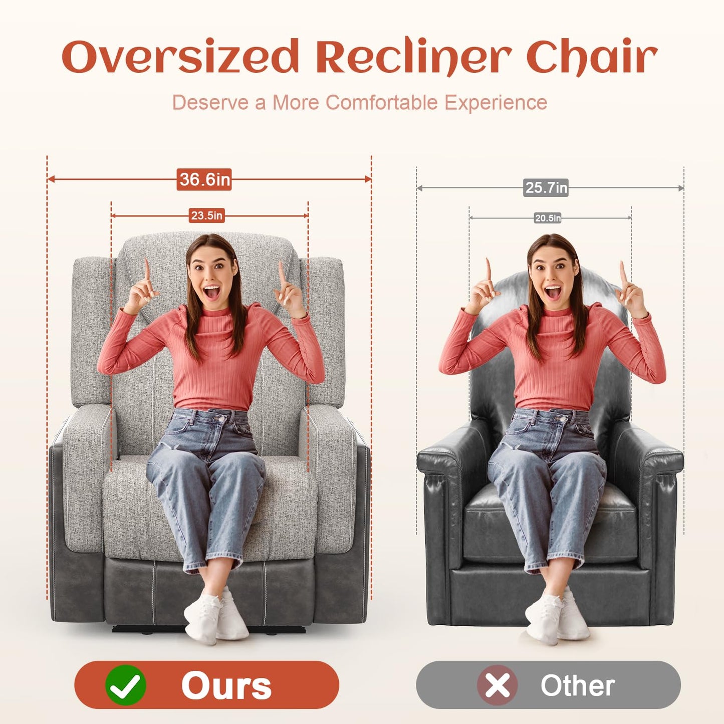 Dresegmt Oversize Manual Recliner Chair for Adults, Extra Wide Single Reclining Sofa Chair with Ergonomic, FSC Certified, Grey Linen-Blend & Chocolate Leather Scandinavian Chic for Living Room, RV