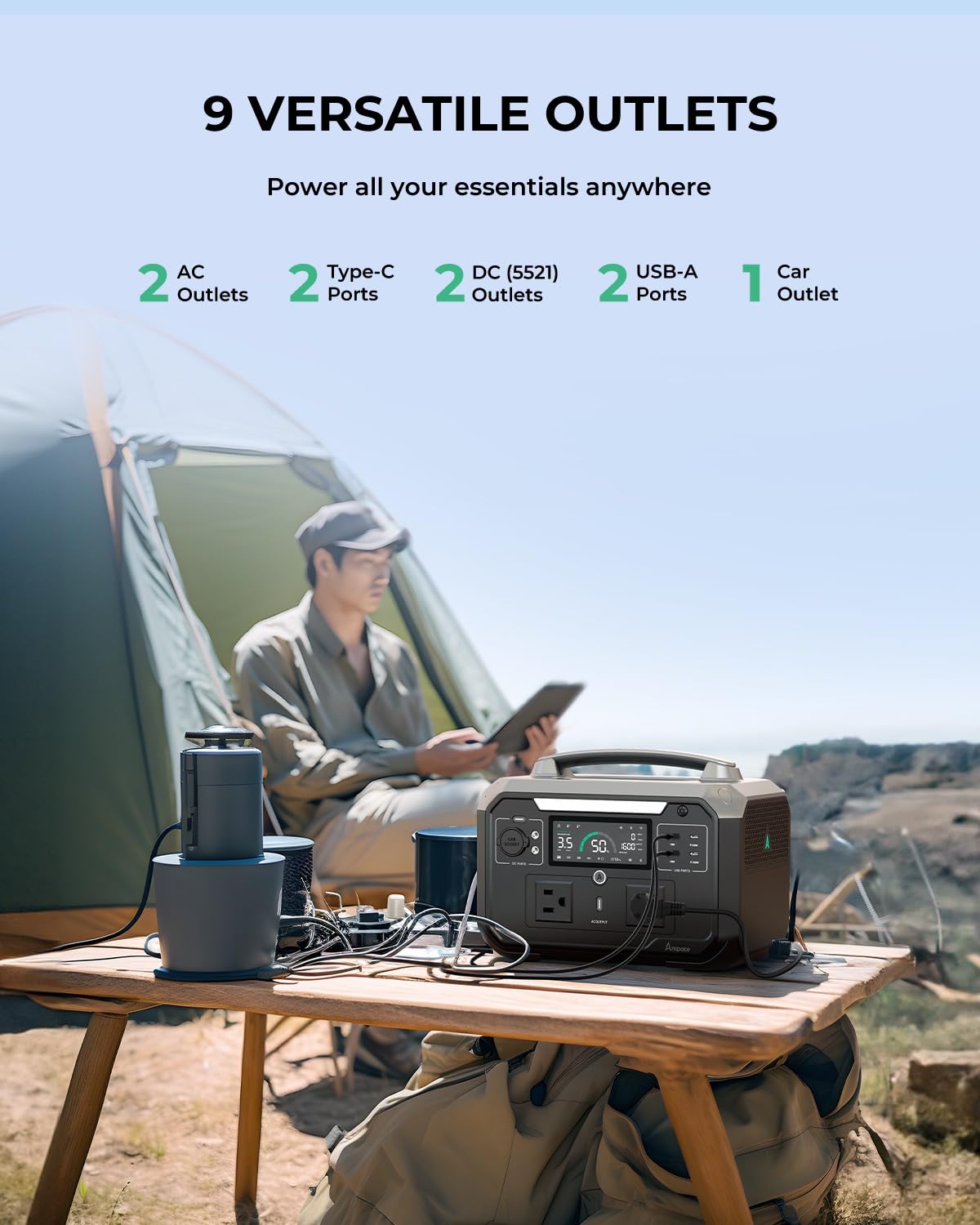AMPACE Portable Power Station Andes 600 Pro, 600W (Peak 1800W) Solar Generator, 0-80% in 1 Hr, 584Wh Hybrid LiFePO4 Battery for Outdoor Camping, RVs, Home Use (Solar Panel Optional)