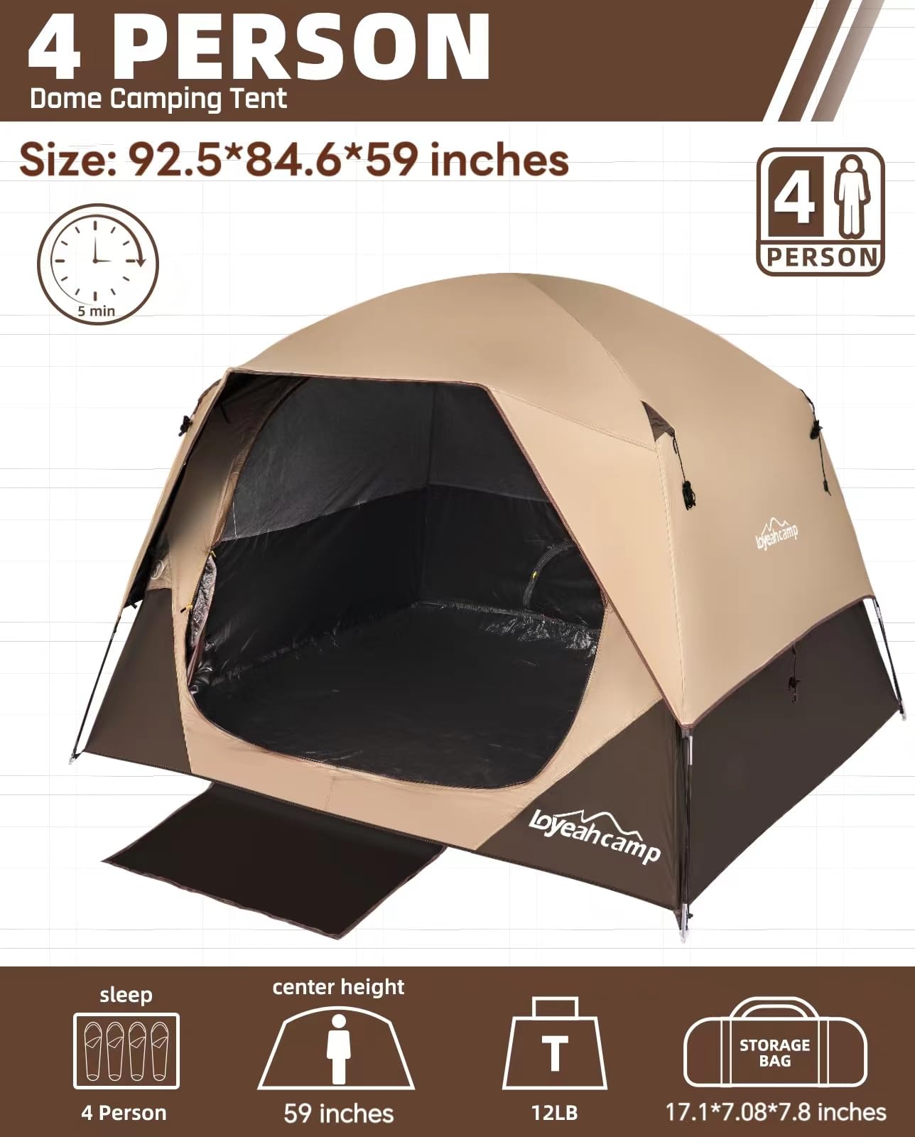 LOYEAHCAMP 4 Person Blackout Camping Tent, Easy Setup Waterproof Family Dome Tent for Camping with Rainfly, Portable Double Layer Large Family Tent for Outdoor Camping&Hiking