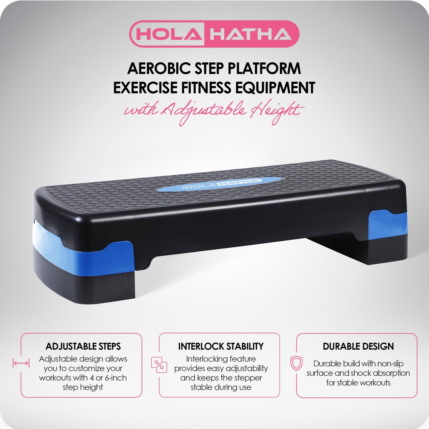 HolaHatha Compact Portable Aerobic Step Platform Workout Exercise Equipment, Fitness Cardio Stepper with Adjustable Height for Home Gym & Travel, Blue