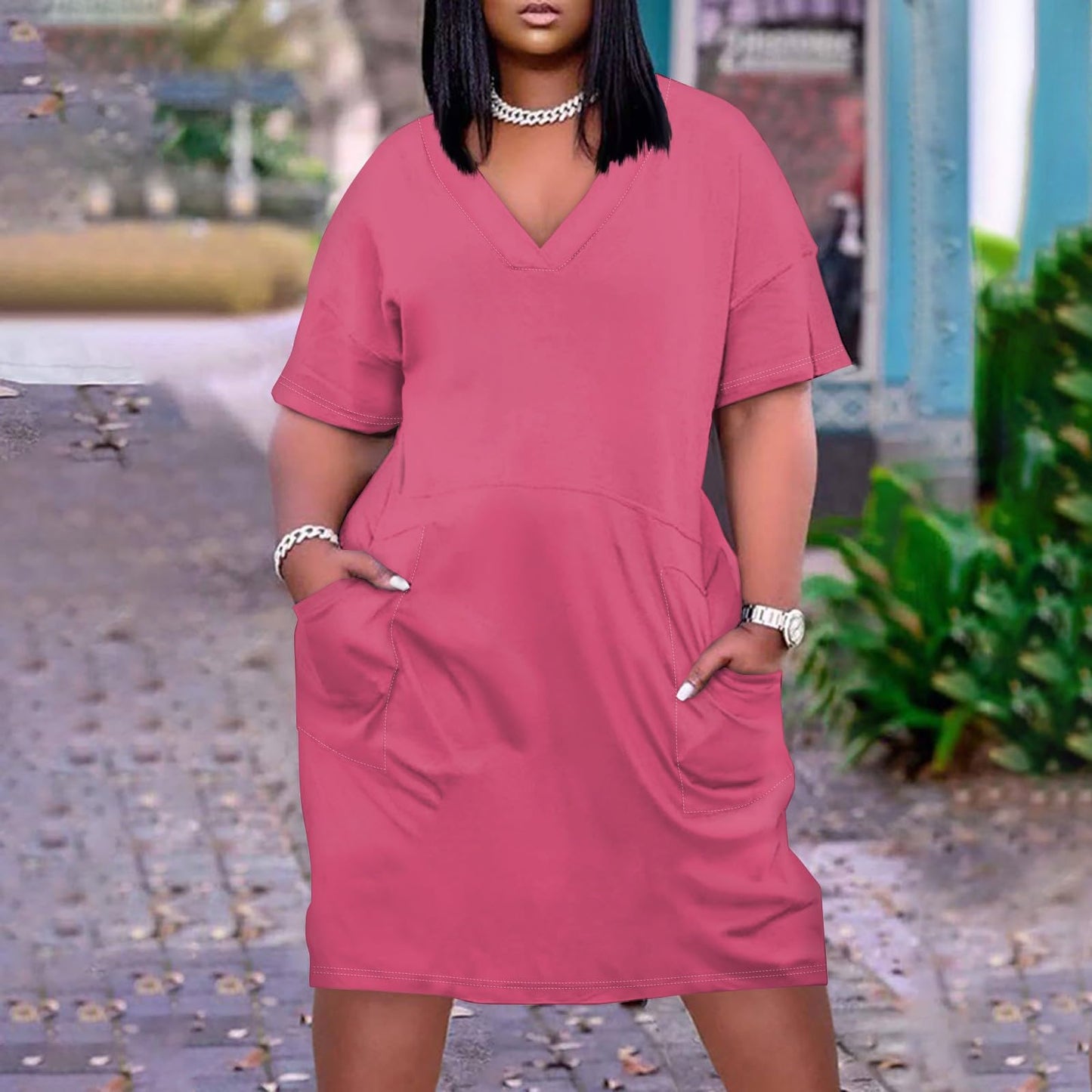 Plus Size Dresses for Curvy Women Oversize T Shirt Midi Dress Short Sleeve V Neck Loose Beach Dress Casual T Shirt Dress with Pockets Trendy Lounge Plus Size Casual Dresses Comfy Club Summer Dress