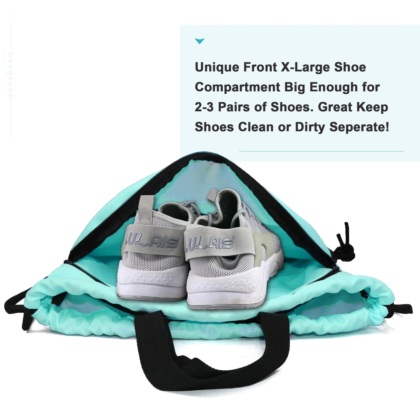 BeeGreen Mint Green Drawstring Backpack Bag with Shoe Compartment X-Large Gym Sports String Cinch Sackpack with Front Inside Zipper Pockets