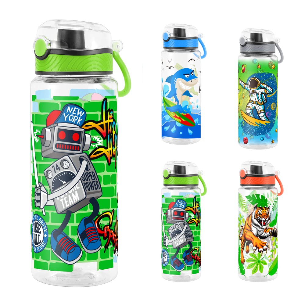 Cute Water Bottle for School Kids Girls, BPA FREE Tritan & Leak Proof & Easy Clean & Carry Handle, 23oz/ 680ml - Sports Robot