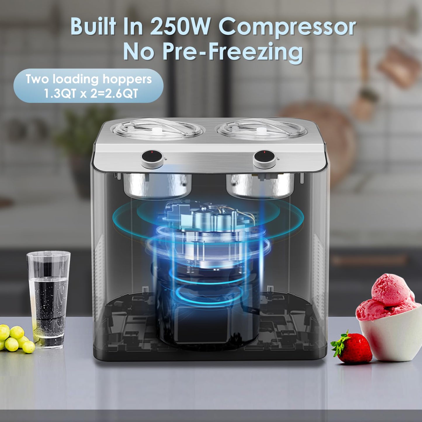 Homtone 2 Flavor Ice Cream Maker, 2.6QT (2 x 1.3qt) Compressor Largest Capacity & Fast Freezing Ice Cream Machine with 2 Bowls, Easy Operate & Clean Ice Cream Maker, 3 Modes