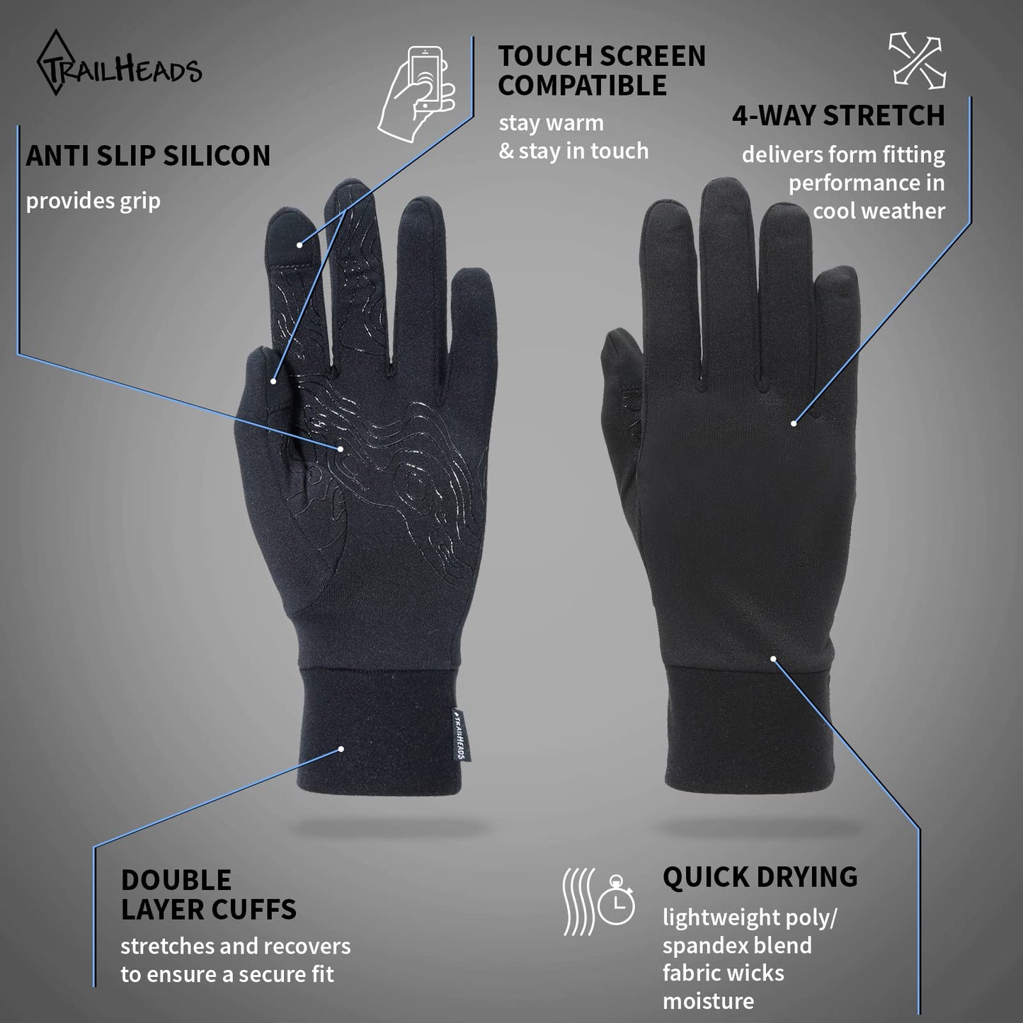 TrailHeads Running Gloves for Women | Lightweight Gloves with Touchscreen Fingers | The Elements - Black (Small)