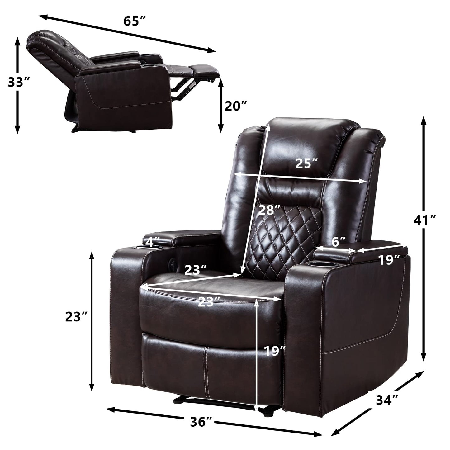 CANMOV Electric Power Recliner Chair with USB Ports and Cup Holders, Breathable Leather Home Theater Seating with Hidden Arm Storage (Brown)
