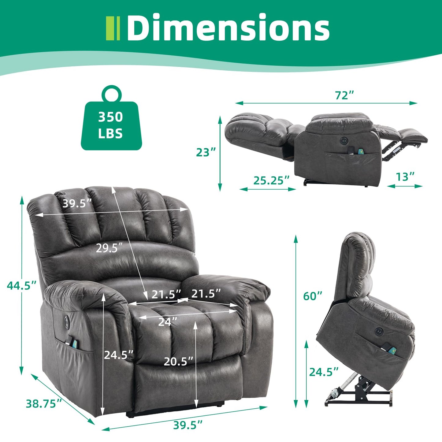 VIVIJASON Large Dual OKIN Motor Lay Flat Sleeper Lift Recliner Chair with Heat & Massage for Elderly, Infinite Position Electric Power Recliner with 2 Remote Controls, Side Pockets & USB Ports, Gray