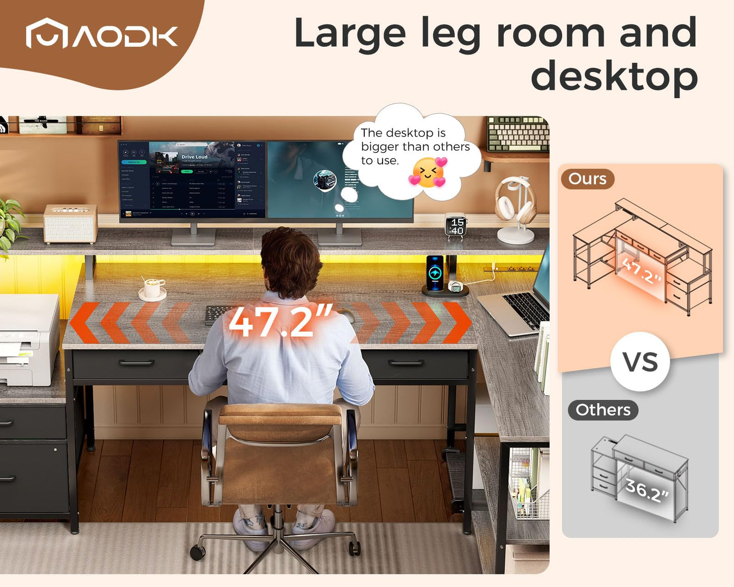AODK L Shaped Desk with 5 File Drawers, 75" Reversible L Shaped Computer Desk with Power Outlet & LED Strip, Office Desk with Storage Shelves, Gaming Table with Monitor Shelf, Corner Table, Grey Oak