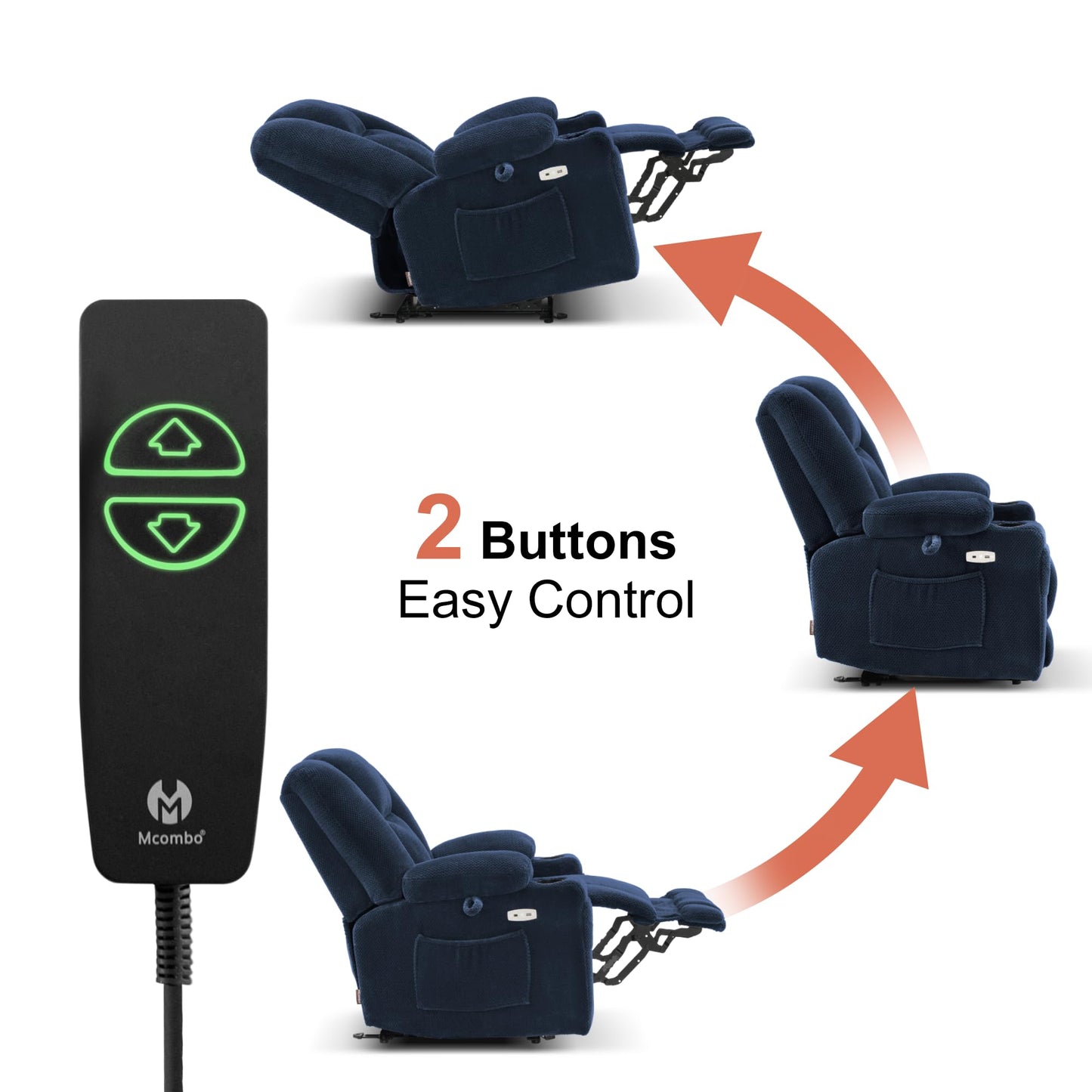 MCombo Zero Gravity Power Recliner Chair with Heat and Vibration Massage, Reclining Chair with USB & Type C Ports, Cup Holders for Living Room, Fabric 8015 (Navy Blue)
