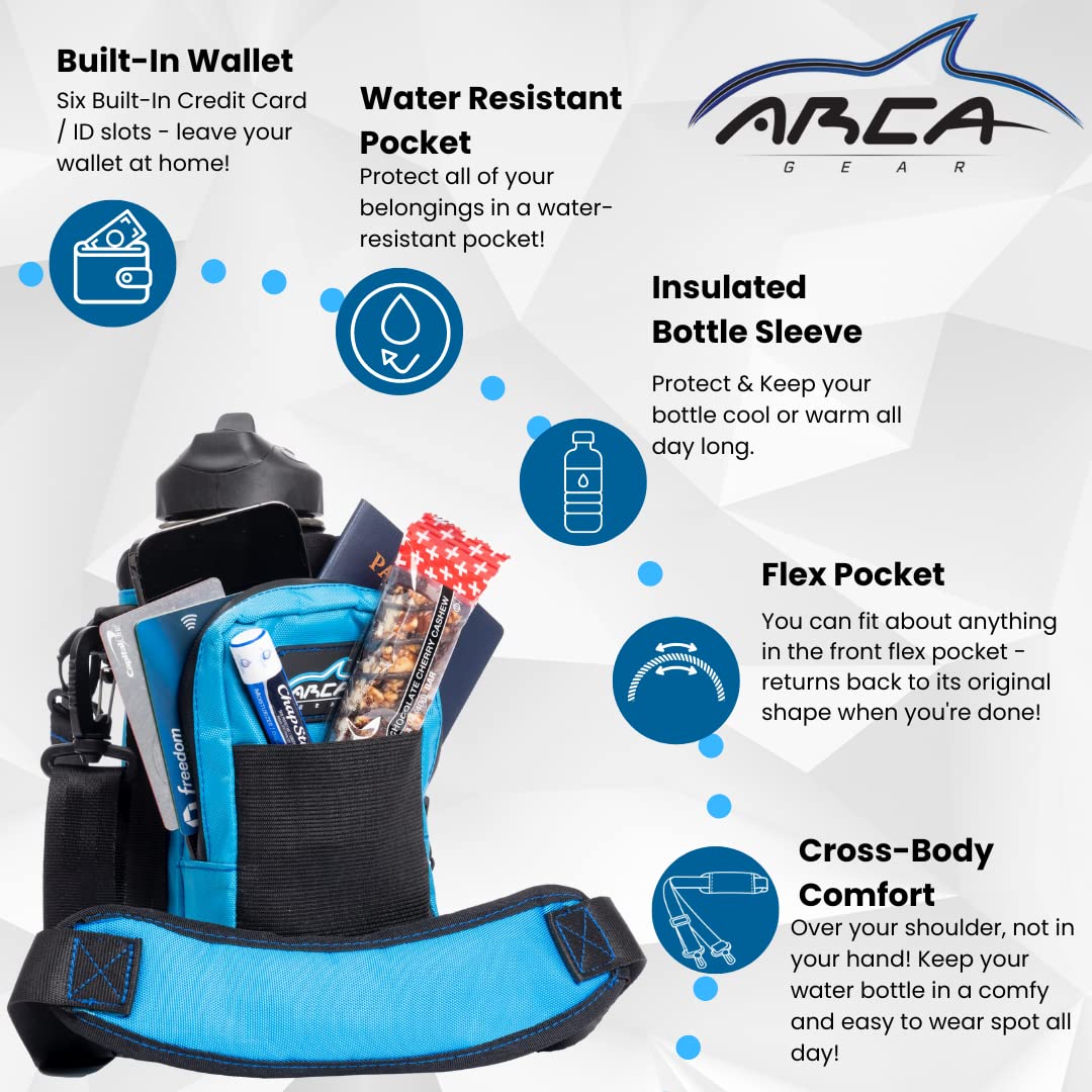 Arca Gear 32 oz Hydro Carrier - Insulated Water Bottle Sling w/Carry Handle, Shoulder Strap, Wallet and Two Pouches - The Perfect Flask Accessory - Deep Blue