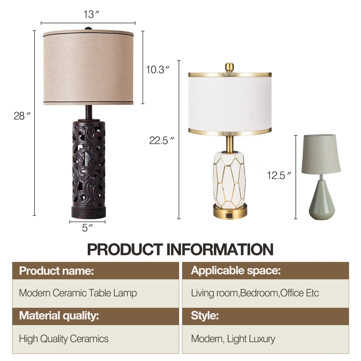 AIDENOEY Set of 2 Table Lamps with Night Light, 28" Farmhouse Table Lamp with USB A+C Ports,Brown Ceramic Bedside Lamp with Fabric Shade for Living Room,Bedroom,Home,Office(2 Bulbs Included)