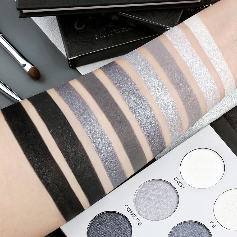 evpct 9 Colors Black Grey Silver White Smoky Shimmery Eyeshadow Makeup Palette for Goth Look, High Pigmented Matte & Shimmer & Smoky Shades, Long Lasting Waterproof Gothic Eye Shadow sombras de ojos