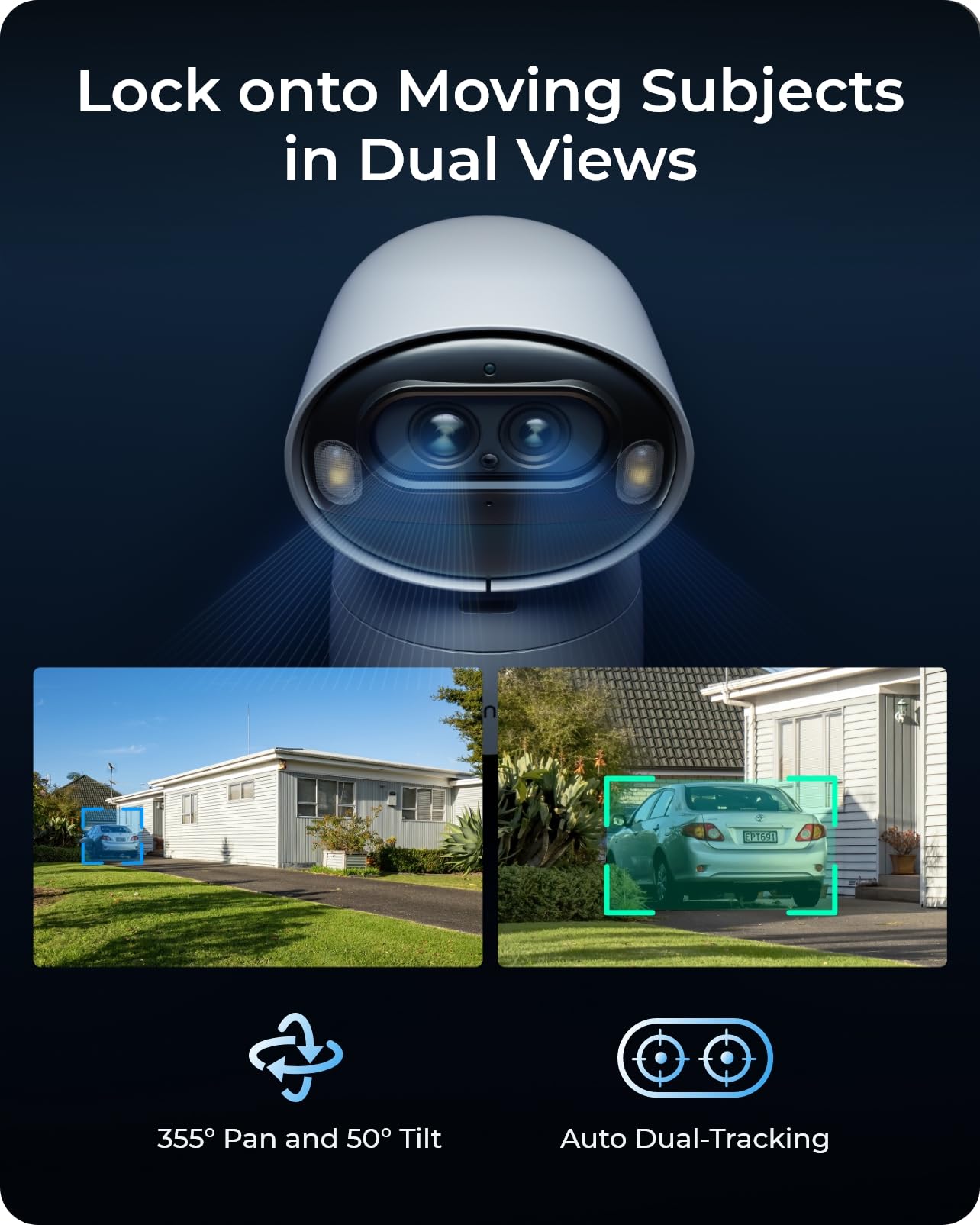REOLINK Argus Track, 4K+2MP Dual-Lens Solar Security Camera, Wireless Outdoor/Indoor Camera, Pan & Tilt, Auto Zoom Tracking, 2.4/5GHz WiFi, Color Night Vision, AI Detection, No Subscriptions
