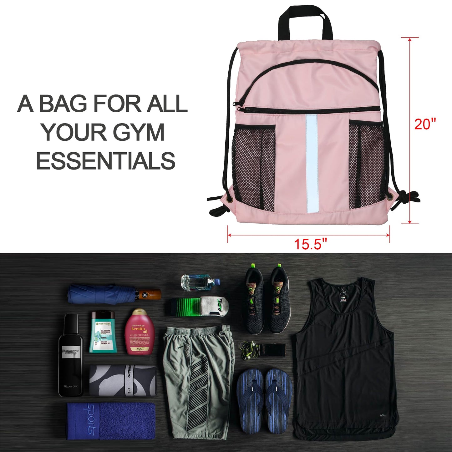 BeeGreen Wine Red Drawstring Backpack Bag with Shoe Compartment X-Large Gym Sports String Cinch Sackpack with Front Inside Zipper Pockets 75D