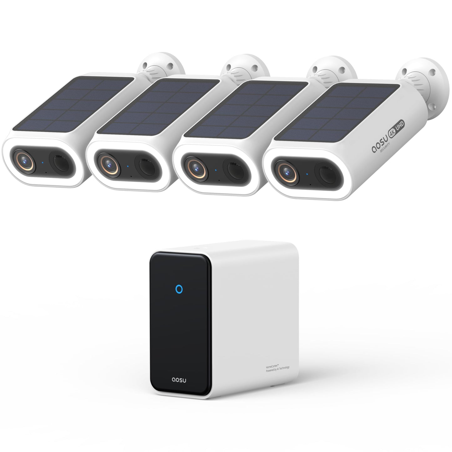AOSU 4K Solar Security Cameras Wireless Outdoor, Expandable to 16TB (32GB Built-in) HomeCortex Home Security System + 4 Extra Solar Panel, AI Face Recognition & Behavior Detection, 4-Cam Kit