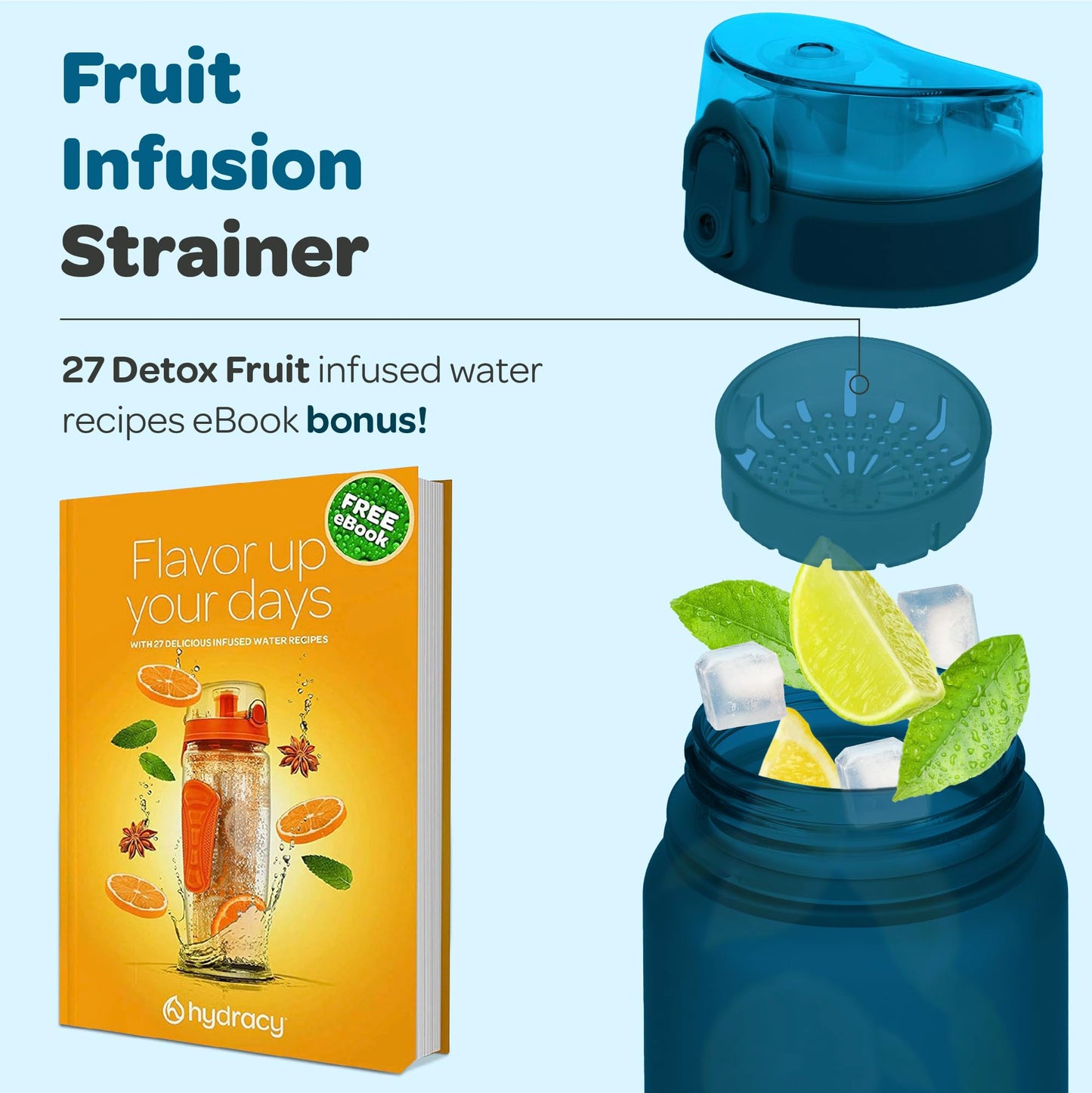Hydracy Water Bottle with Time Marker -Large 32 oz BPA Free & No Sweat Sleeve -Leak Proof Gym Bottle with Fruit Infuser Strainer & Times to Drink -Ideal Gift for Fitness Sports & Outdoors