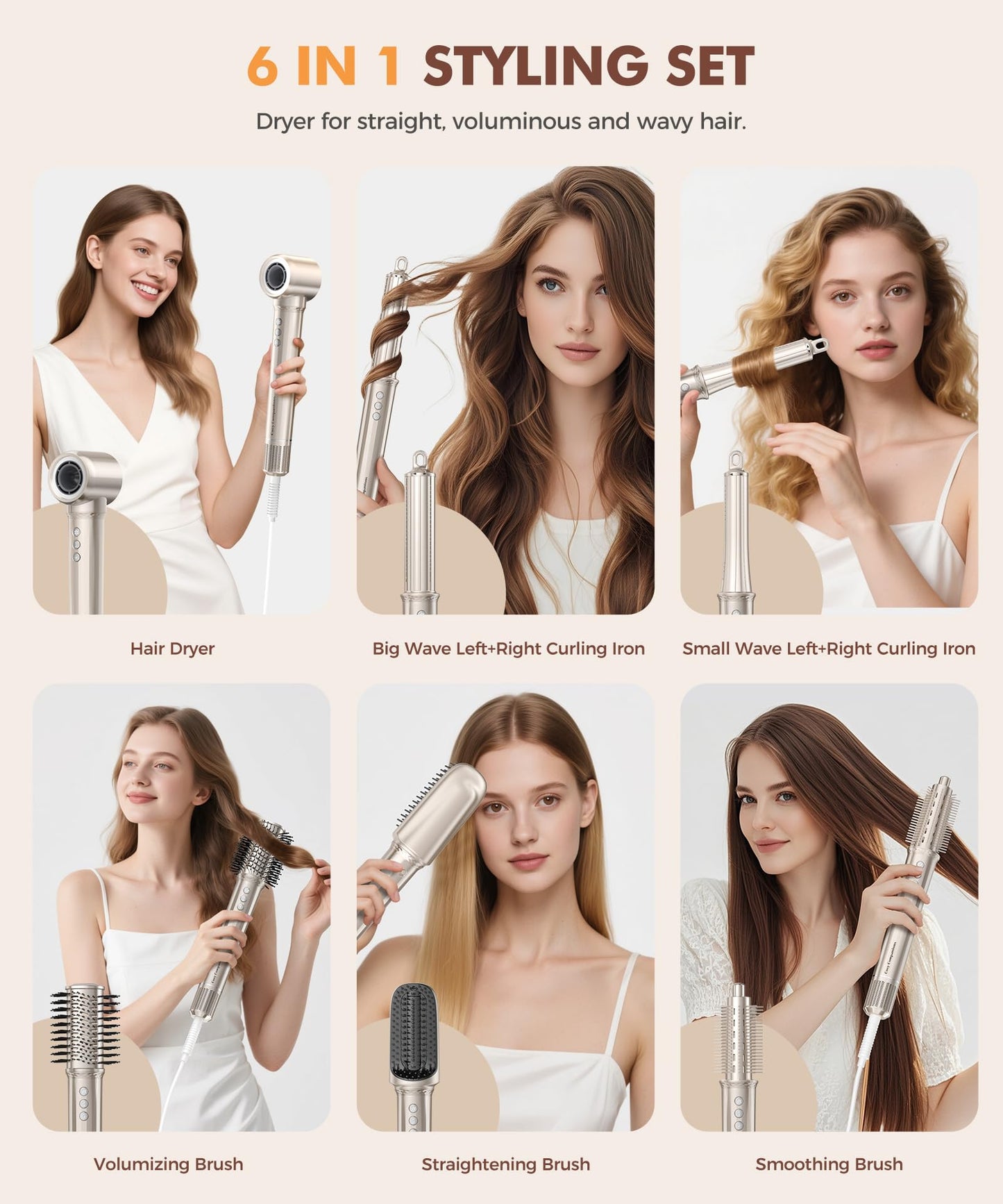 6-in-1 Hair Dryer Brush, Hair Styler with Auto-Wrap Curlers, 150,000 RPM High-Speed Negative Ionic Hair Dryer Fast Drying, Blow Dryer Brush for Curling/Volumizing/Straightening with Travel Bag, Gold