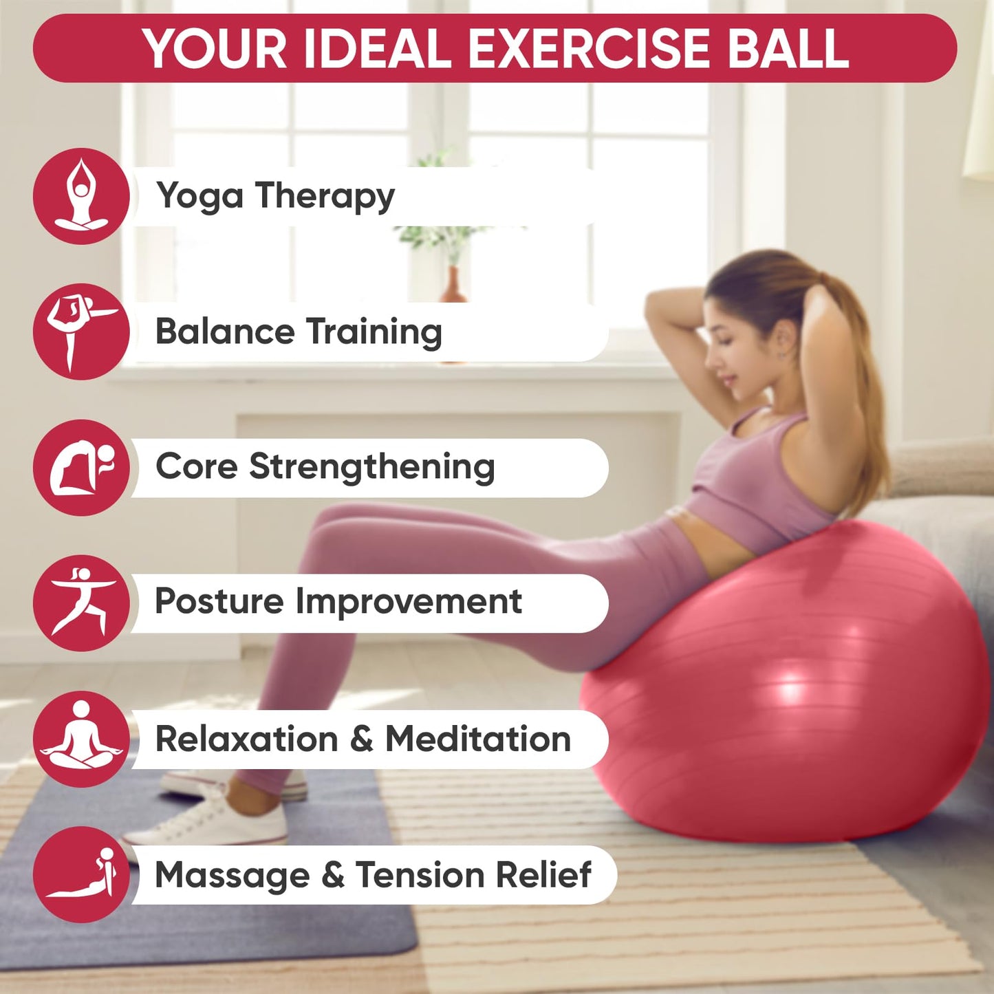 APEXUP Yoga Ball Exercise Ball, Anti Slip Stability Ball Chair, Heavy Duty Large Gym Ball for Fitness, Balance, Core Workout and Physical Therapy (S (15"~18") 45cm, Red)