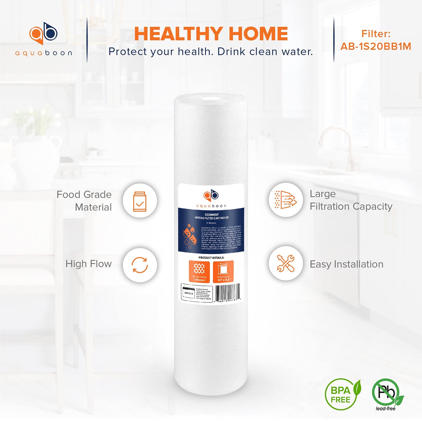 Aquaboon 1 Micron 20" Sediment Water Filter Replacement Cartridge | Whole House Sediment Filtration | Compatible with AP810-2, SDC-45-2005, FPMB5-20, P5-20, FP25B, 155358-43, 6 Pack