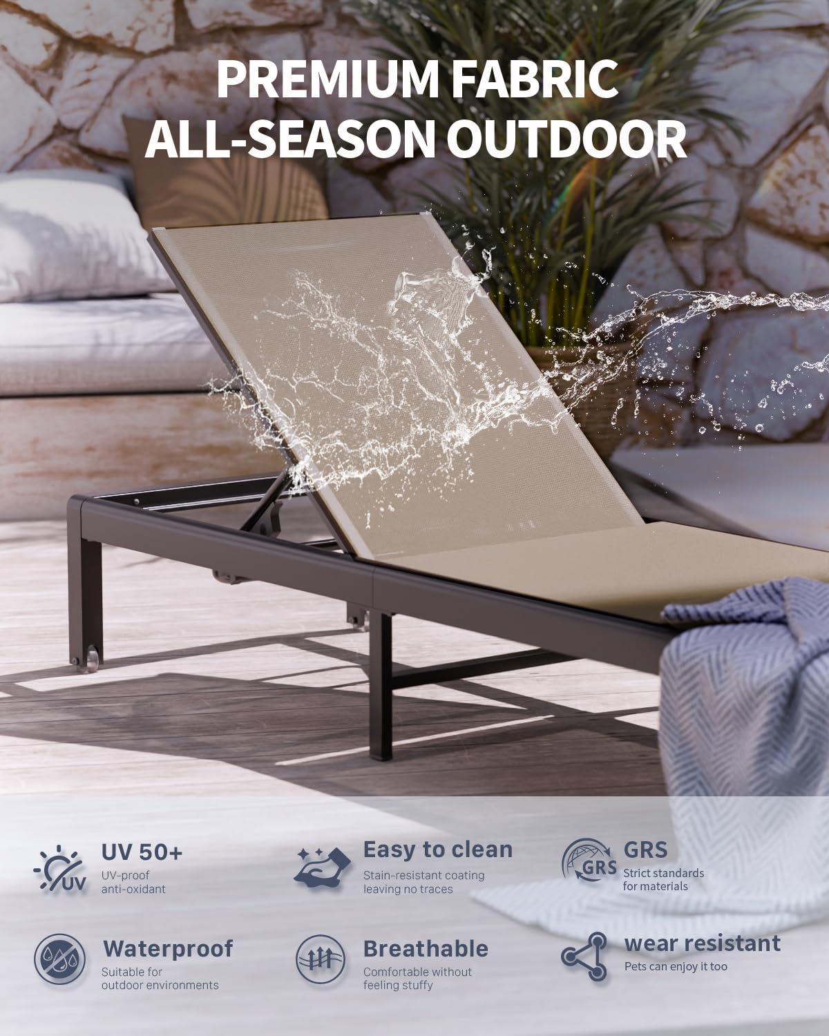 WOAJNQO Aluminum Lounge Chairs Outdoor Chaise Furniture,2 Sets Patio Metal Deck Lounger Adjustable 5-Position Poolside Chase Recliner with Wheels for Beach,Coffee Table,(Khaki, 2 Chair + Table