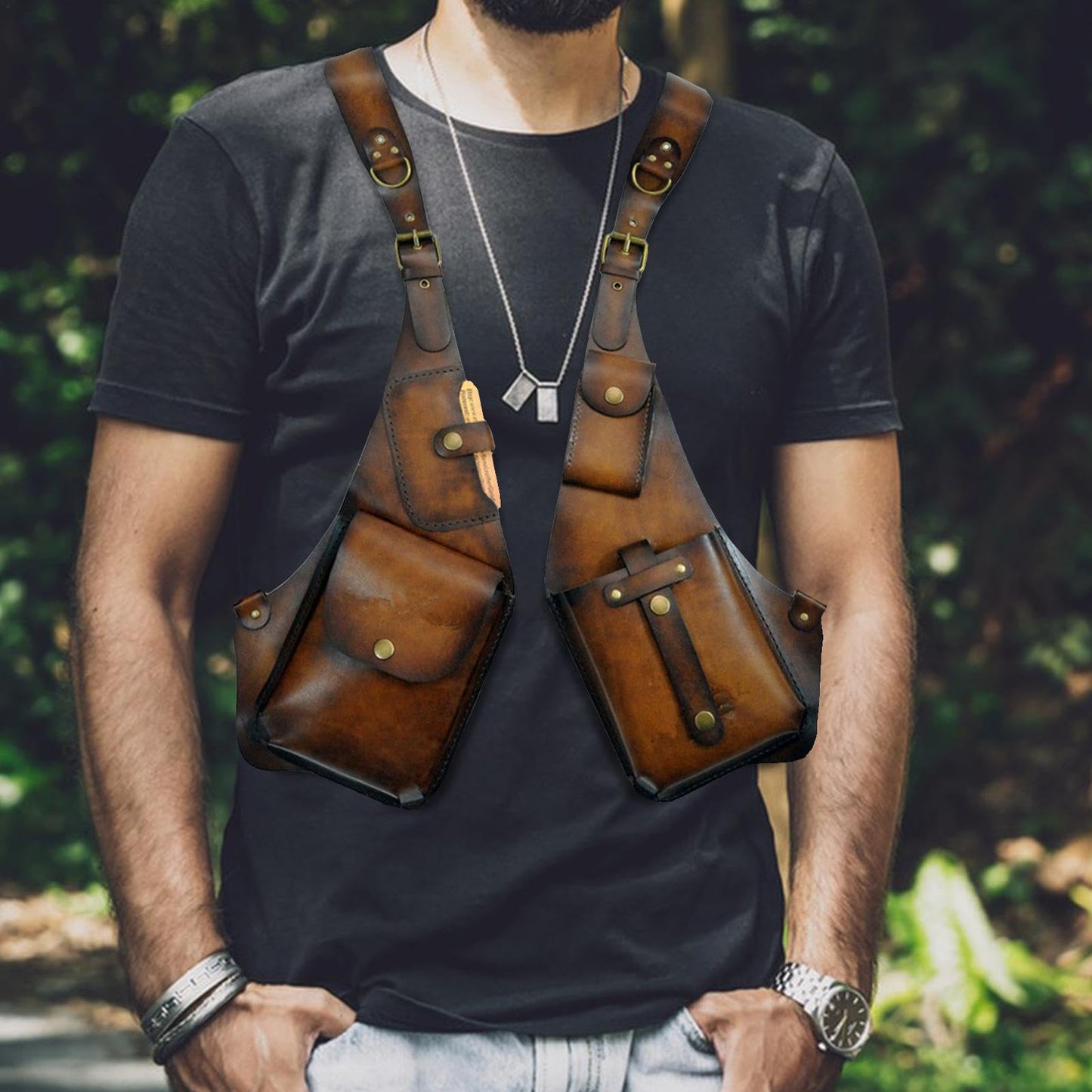 Generic Leather Shoulder Bag for Men - Mens Leather Underarm Shoulder Bag, Anti-Theft Harness Wallet Bag, Adjustable PU Leather Shoulder Strap Outdoor Phone Bag, Dark Brown