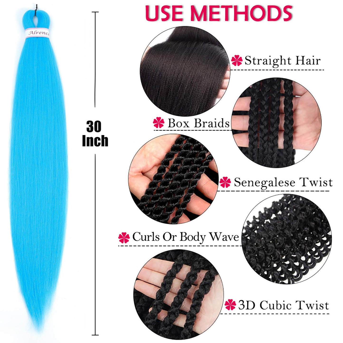 Alrence Pre Stretched Braiding Hair Long Braid 30 Inch 8 Packs Professional Braiding Hair Extensions Synthetic Crochet Twist Braids (30 Inch, Light Blue)