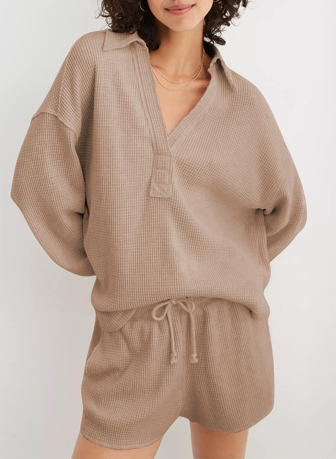 AlvaQ Shirts for Women Fall Winter Clothes Oversized Long Sleeve Sweatshirt Fashion Casual Loose Fit V Neck Drop Shoulder Tunic Tops Khaki Medium